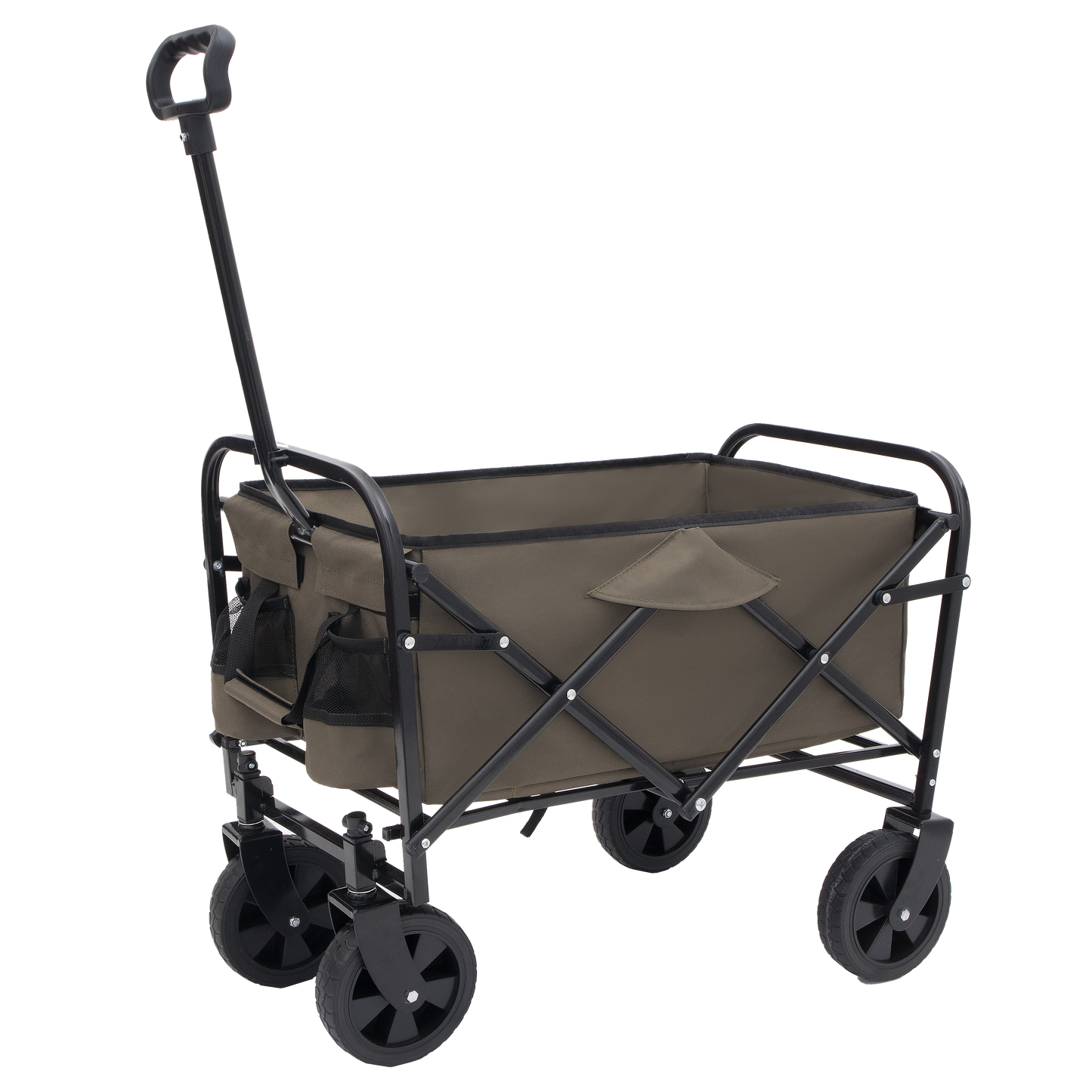 Khaki collapsible wagon with black frame adjustable handle and four wheels for outdoor transport