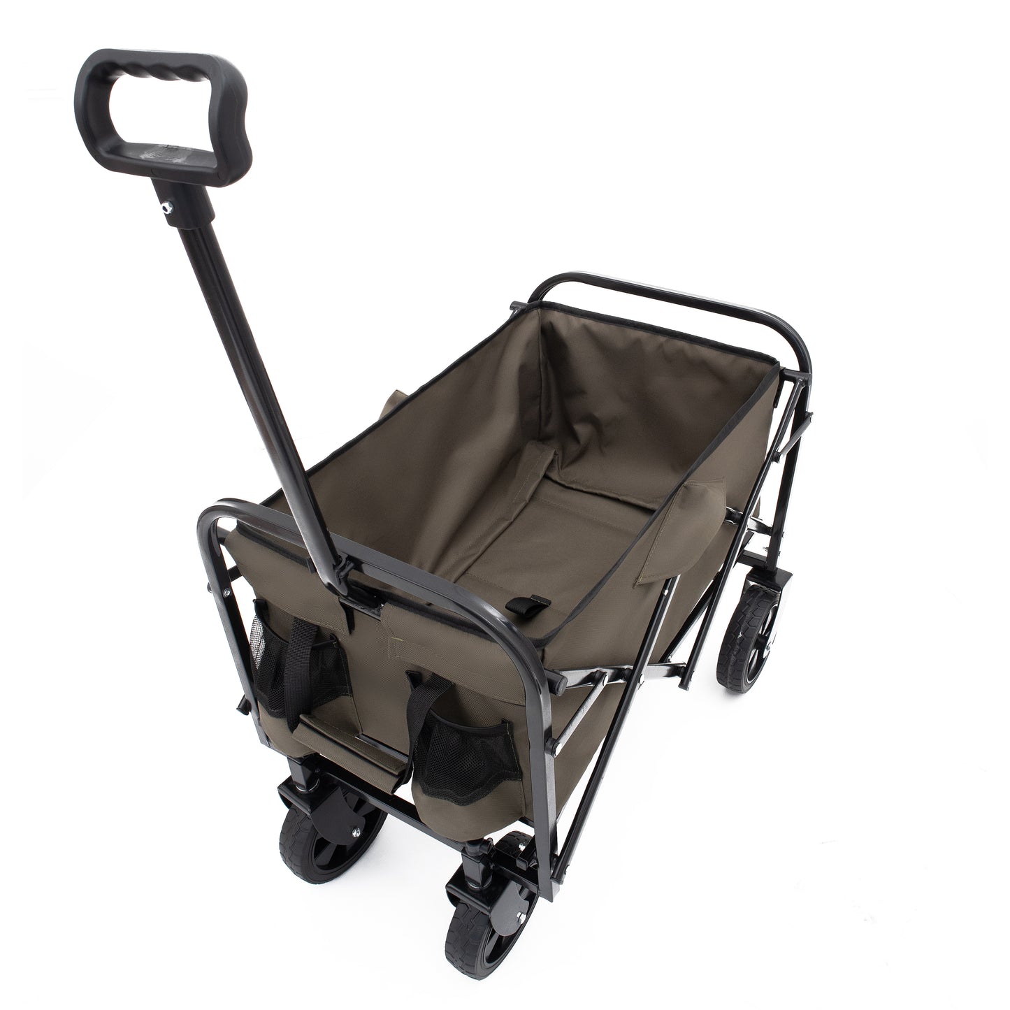 Collapsible wagon with black frame and olive green fabric ideal for beach trips