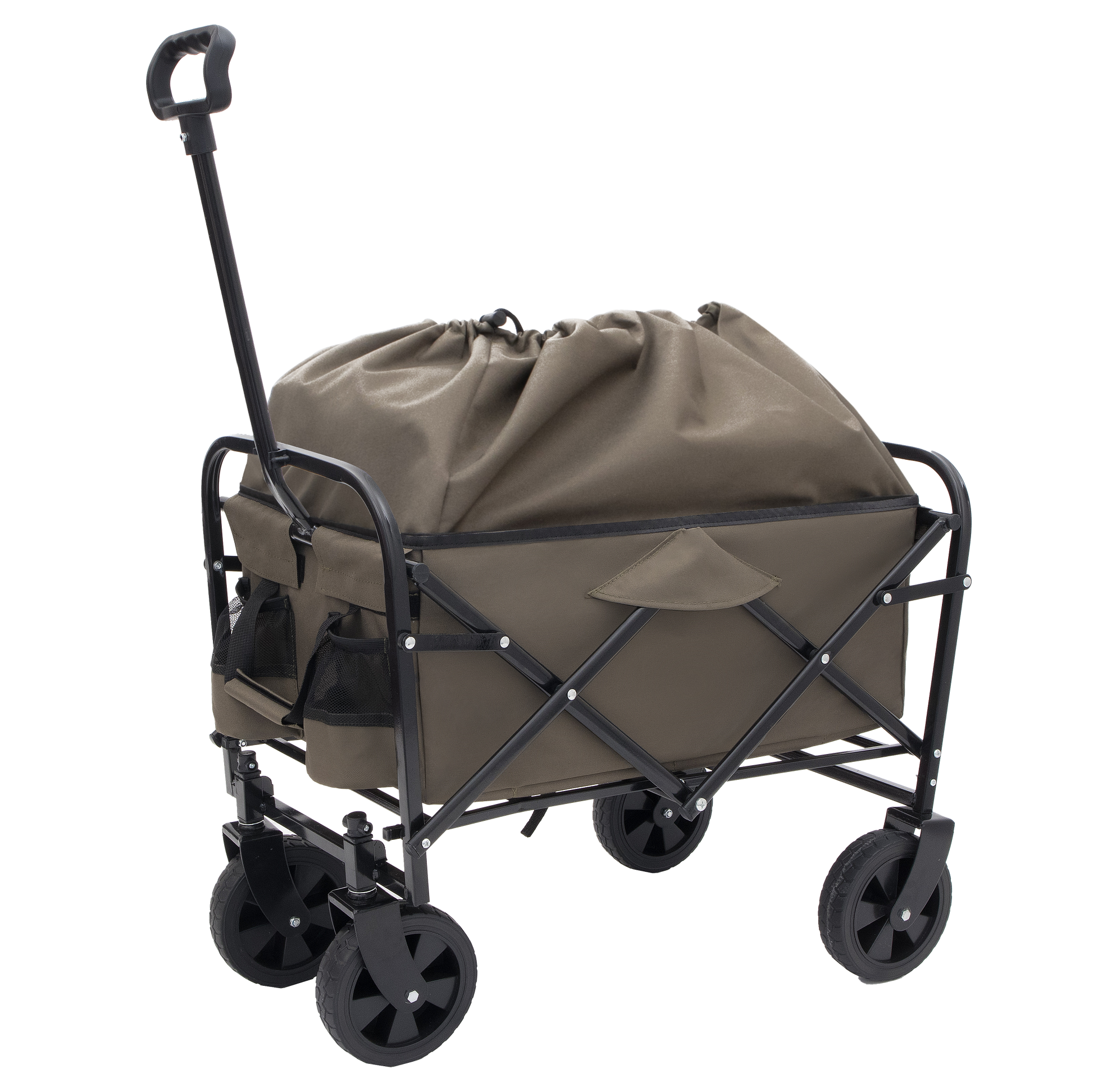 Khaki folding wagon with sturdy black frame and adjustable handle for easy transport