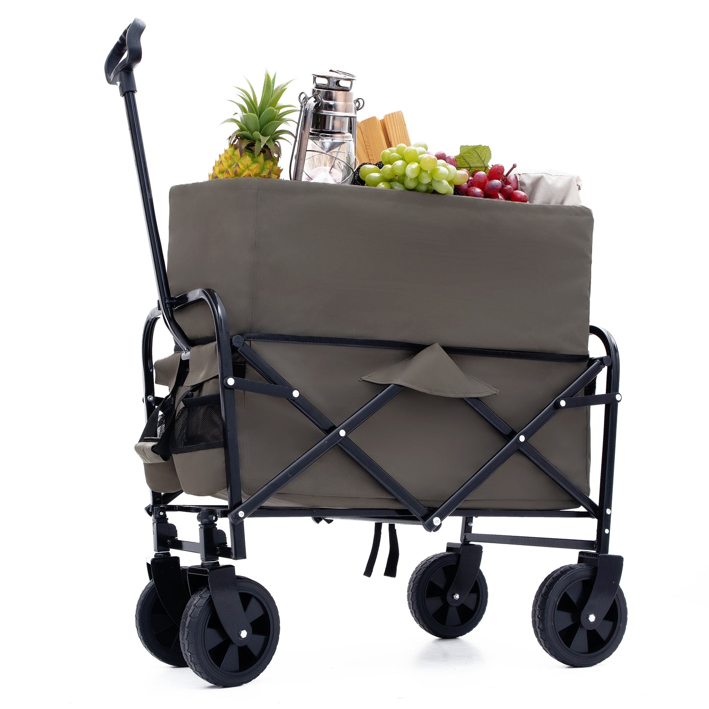 Collapsible wagon with grey fabric loaded with picnic items for outdoor adventures