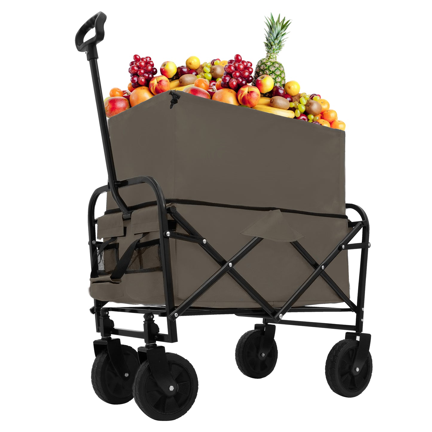 Folding beach wagon with large cargo capacity filled with fresh fruits and vegetables