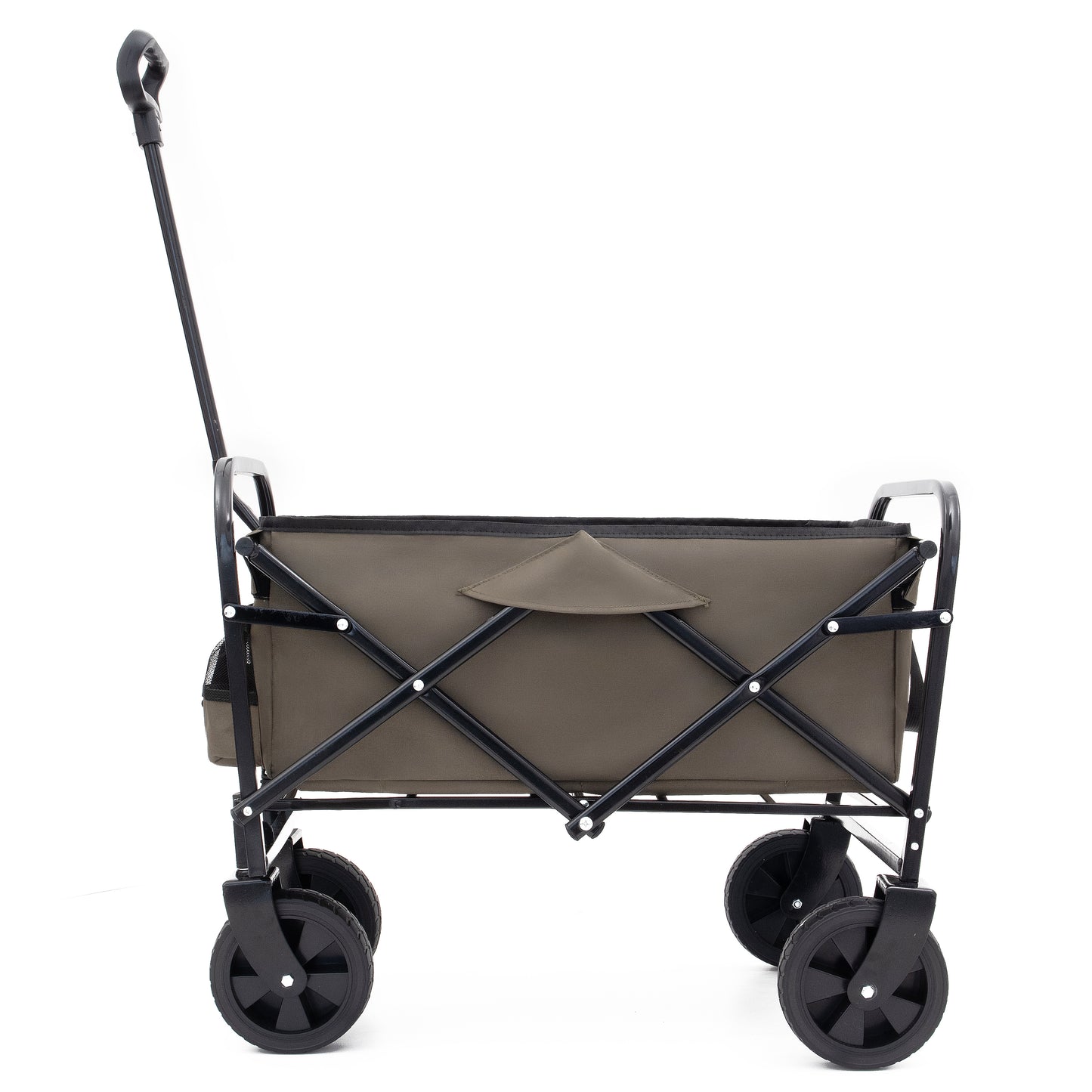 Khaki canvas folding wagon with black steel frame and wheels perfect for camping trips