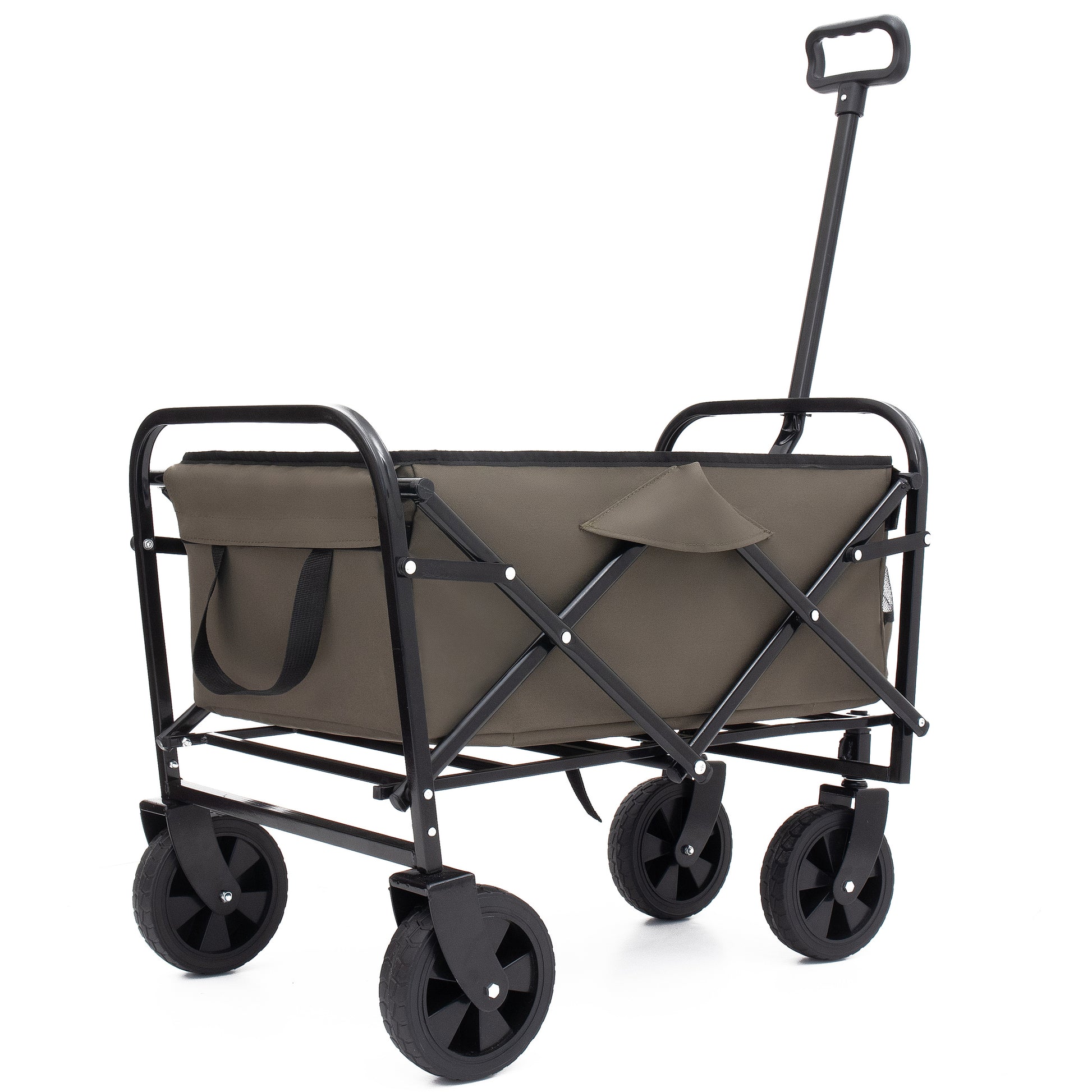 Khaki folding wagon with black frame and wheels perfect for beach trips or camping