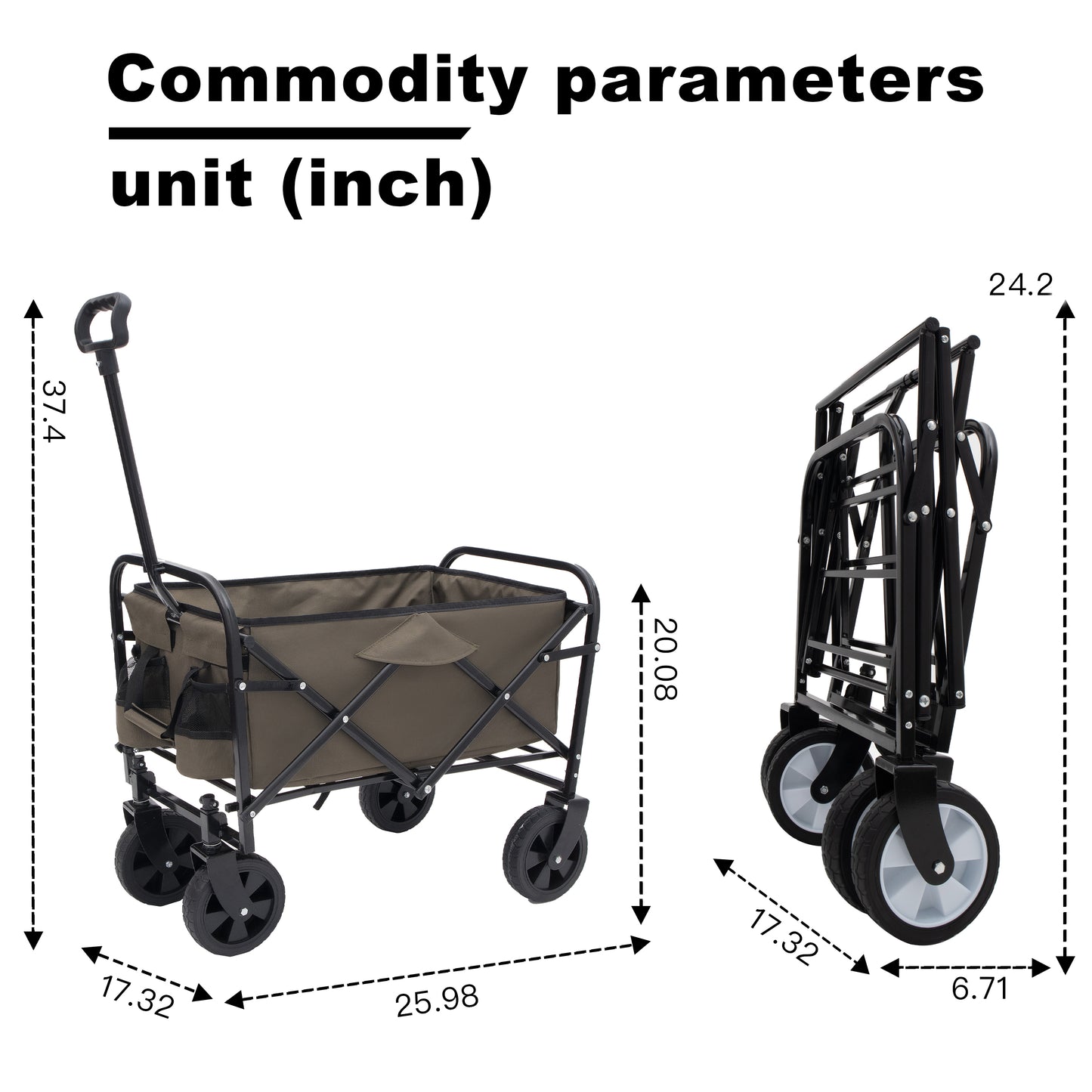 Collapsible garden wagon with a durable brown fabric bed and black metal frame ideal for hauling supplies