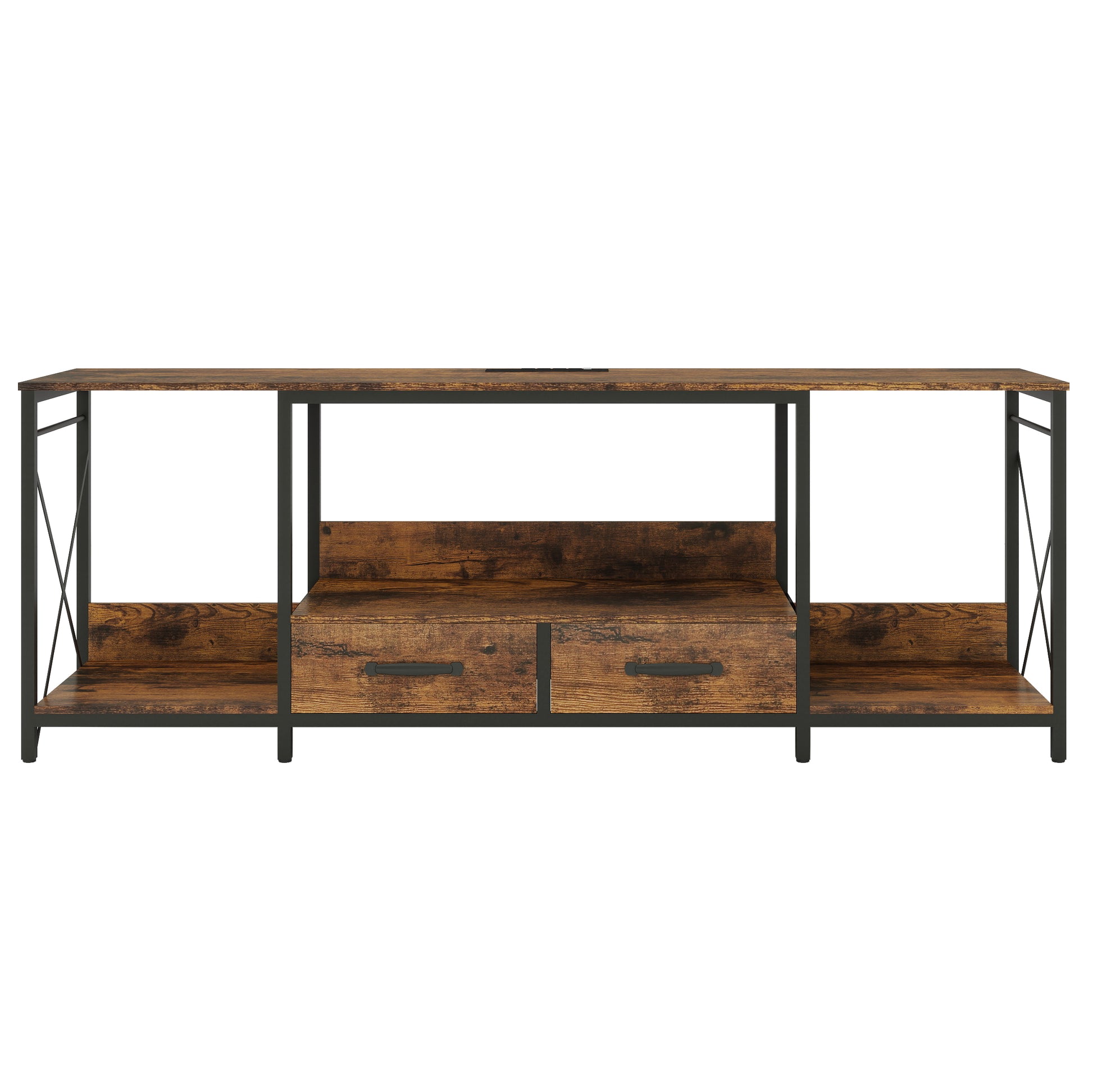 Rustic brown wood and black metal media console with two drawers