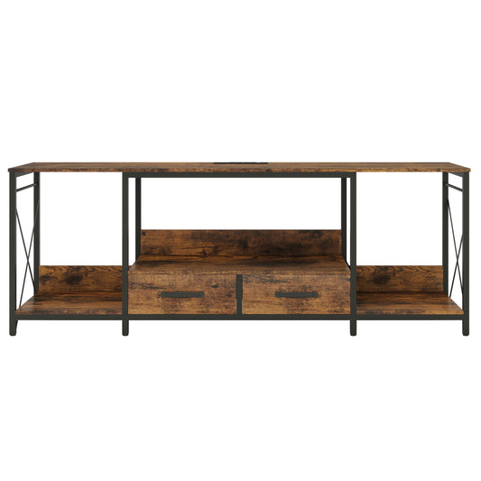 Rustic brown wood and black metal media console with two drawers