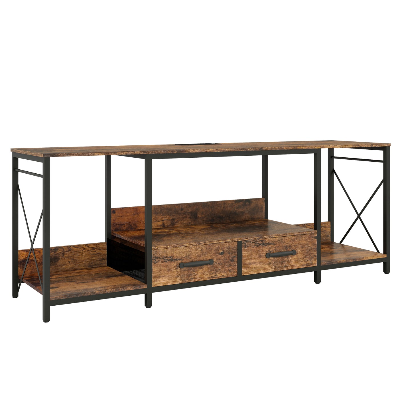 Rustic brown media console with black metal frame and two drawers