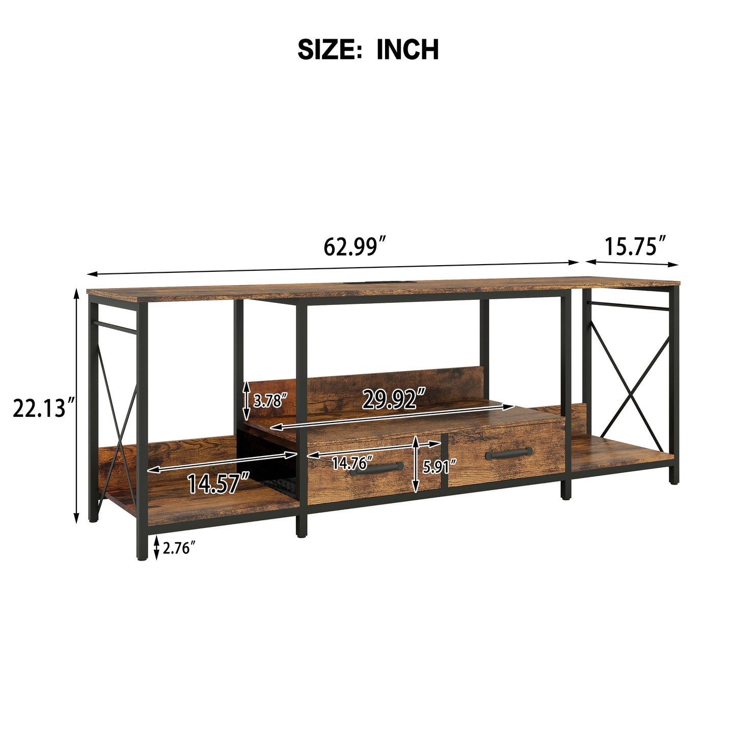 Rustic brown wood and black metal entertainment center with two drawers and open shelving