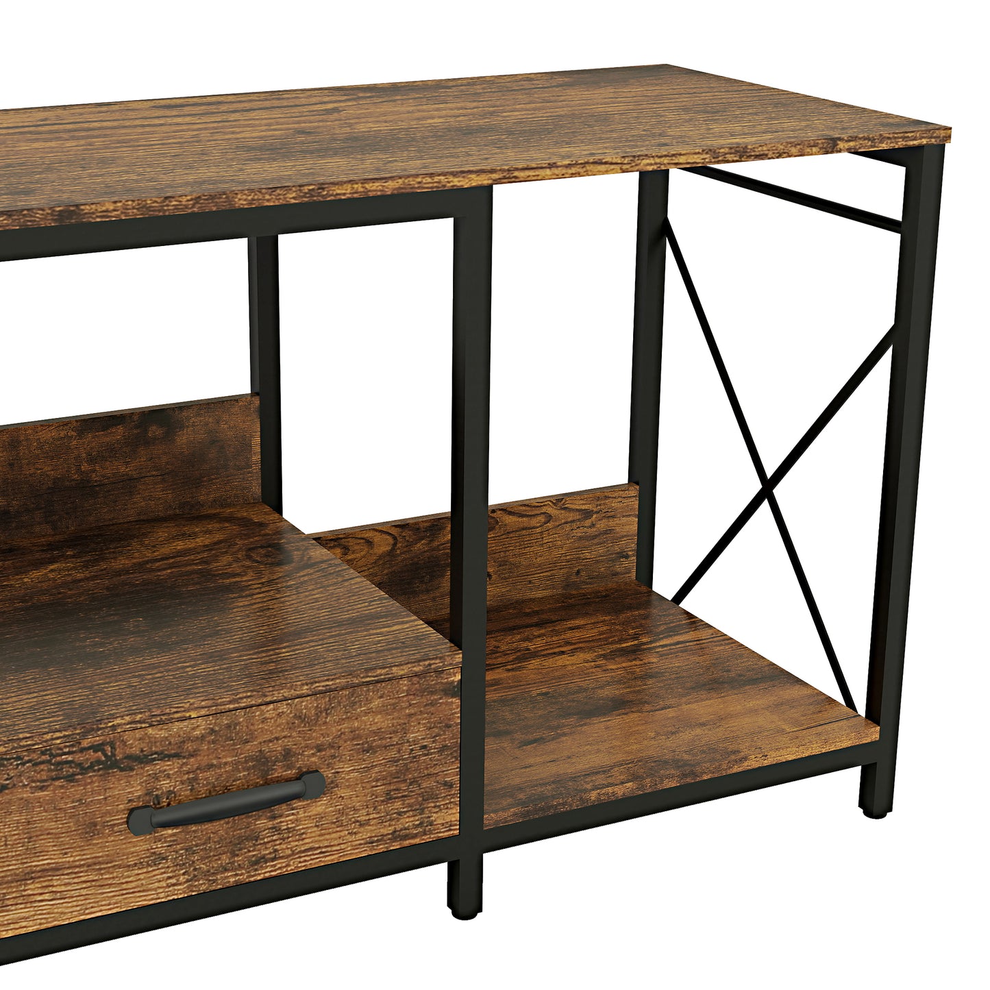 Rustic brown wood and black metal console table with drawer and open shelf