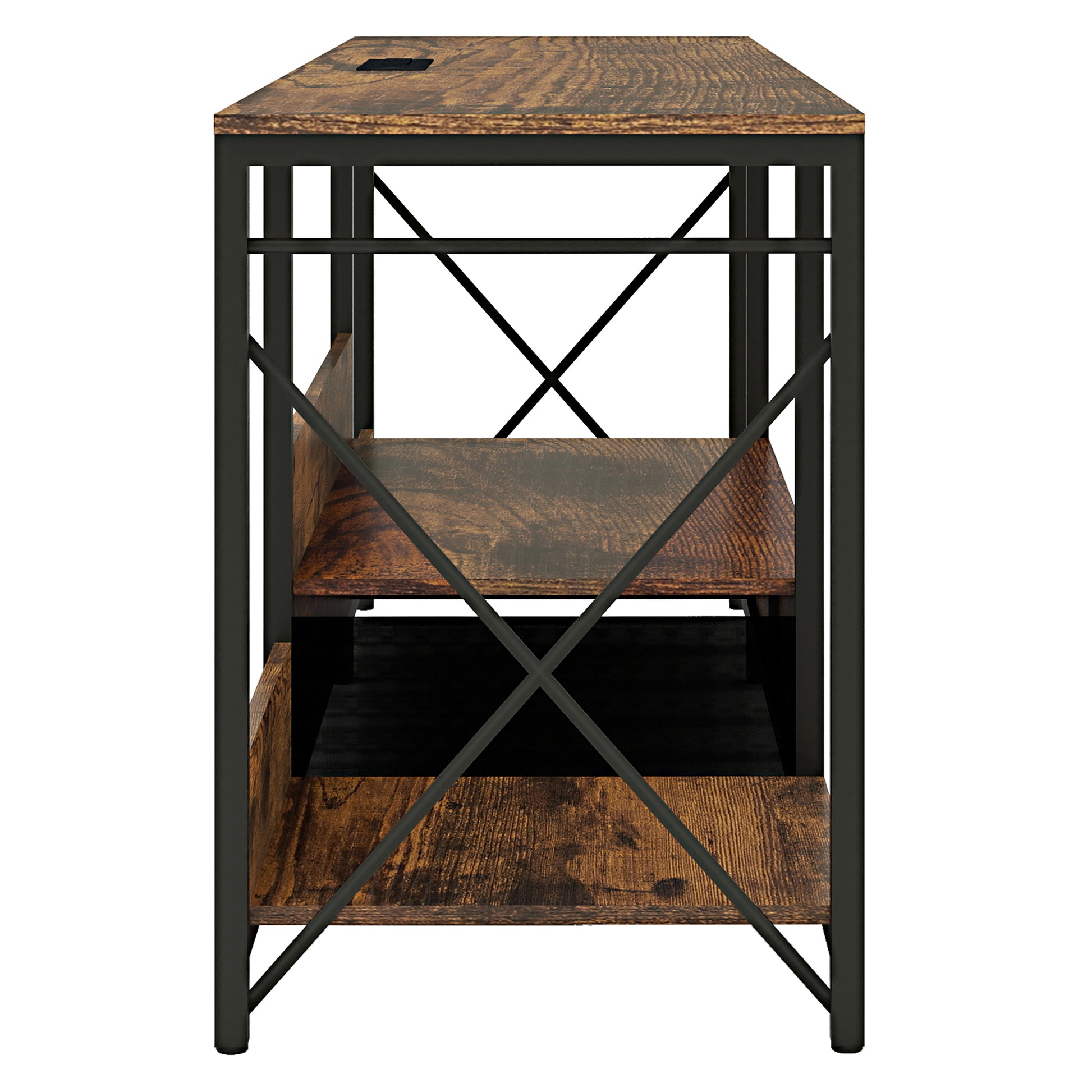Rustic brown wood desk with black metal frame and wire supports