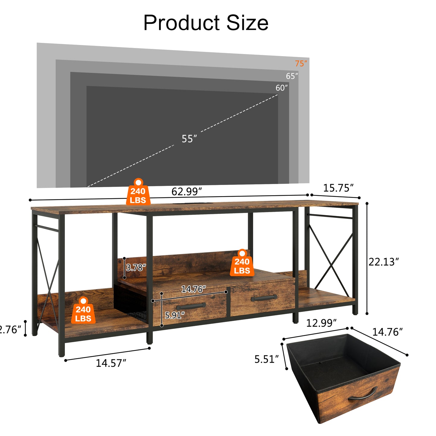 Rustic wood grain TV stand with black metal frame  length