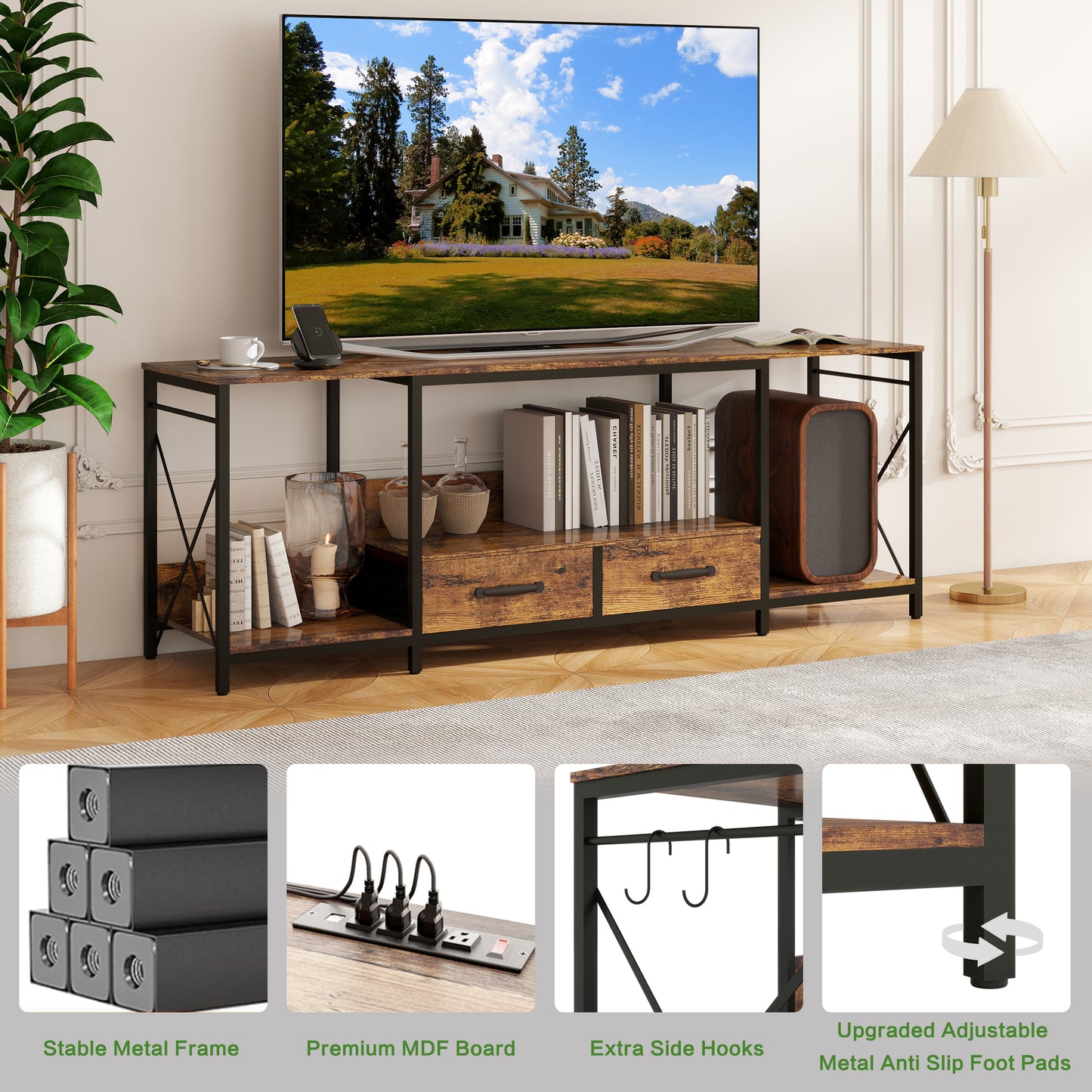 Rustic brown TV stand with black metal frame and dual drawers for media storage