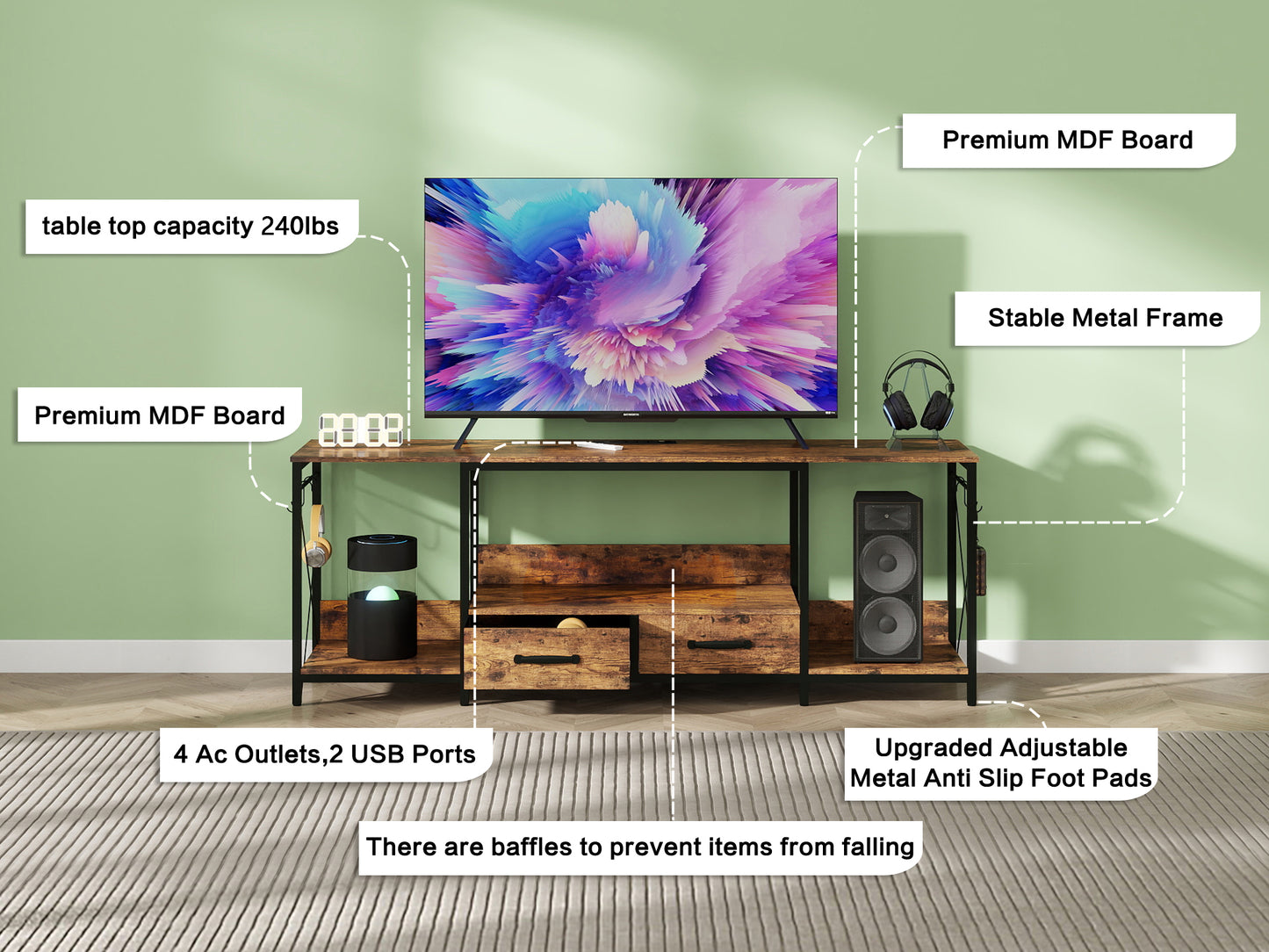 Rustic wood TV stand with metal frame  AC outlets and  USB ports for media setup