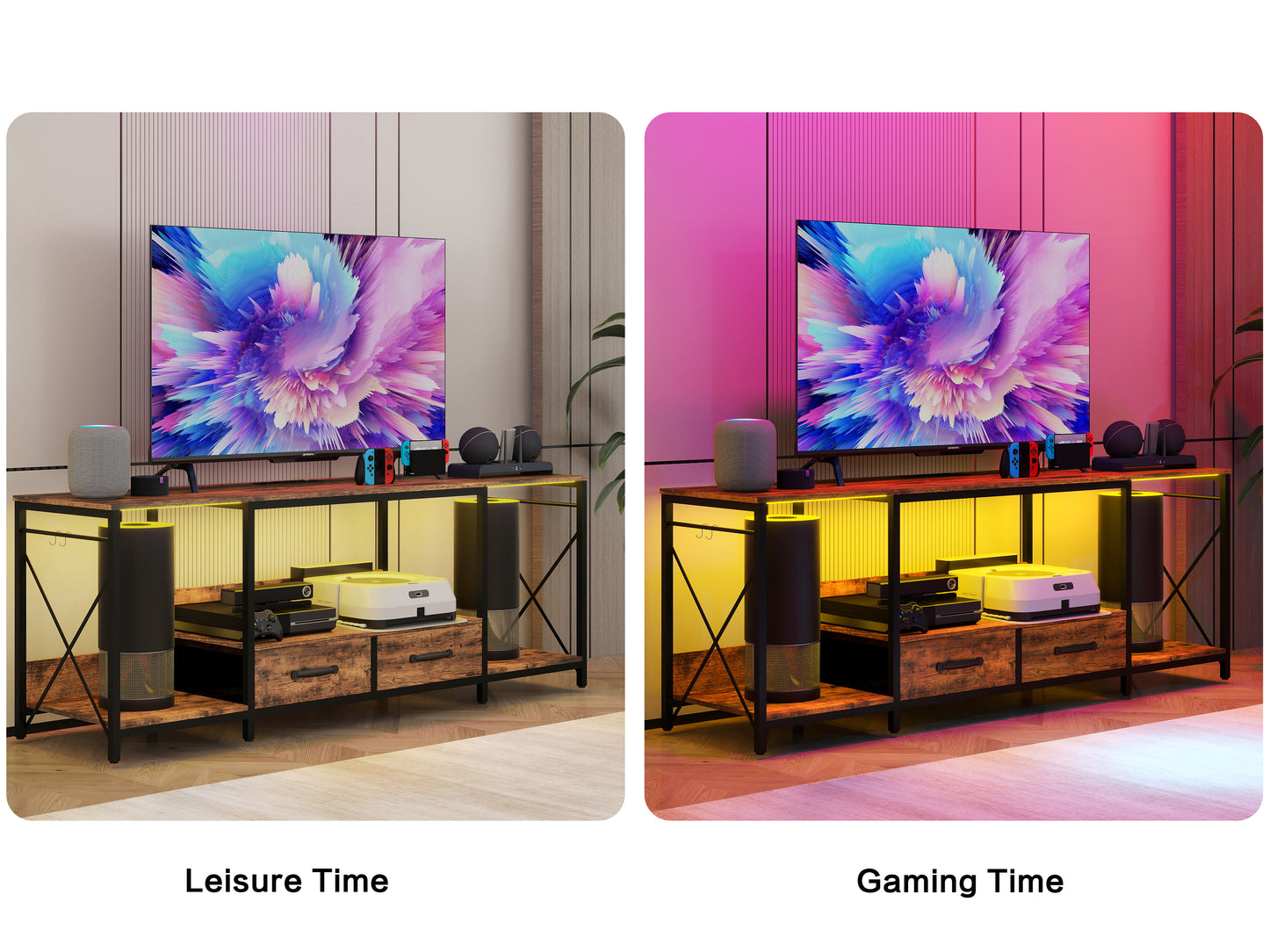 Rustic wood TV stand with black metal frame and LED lighting perfect for entertainment centers