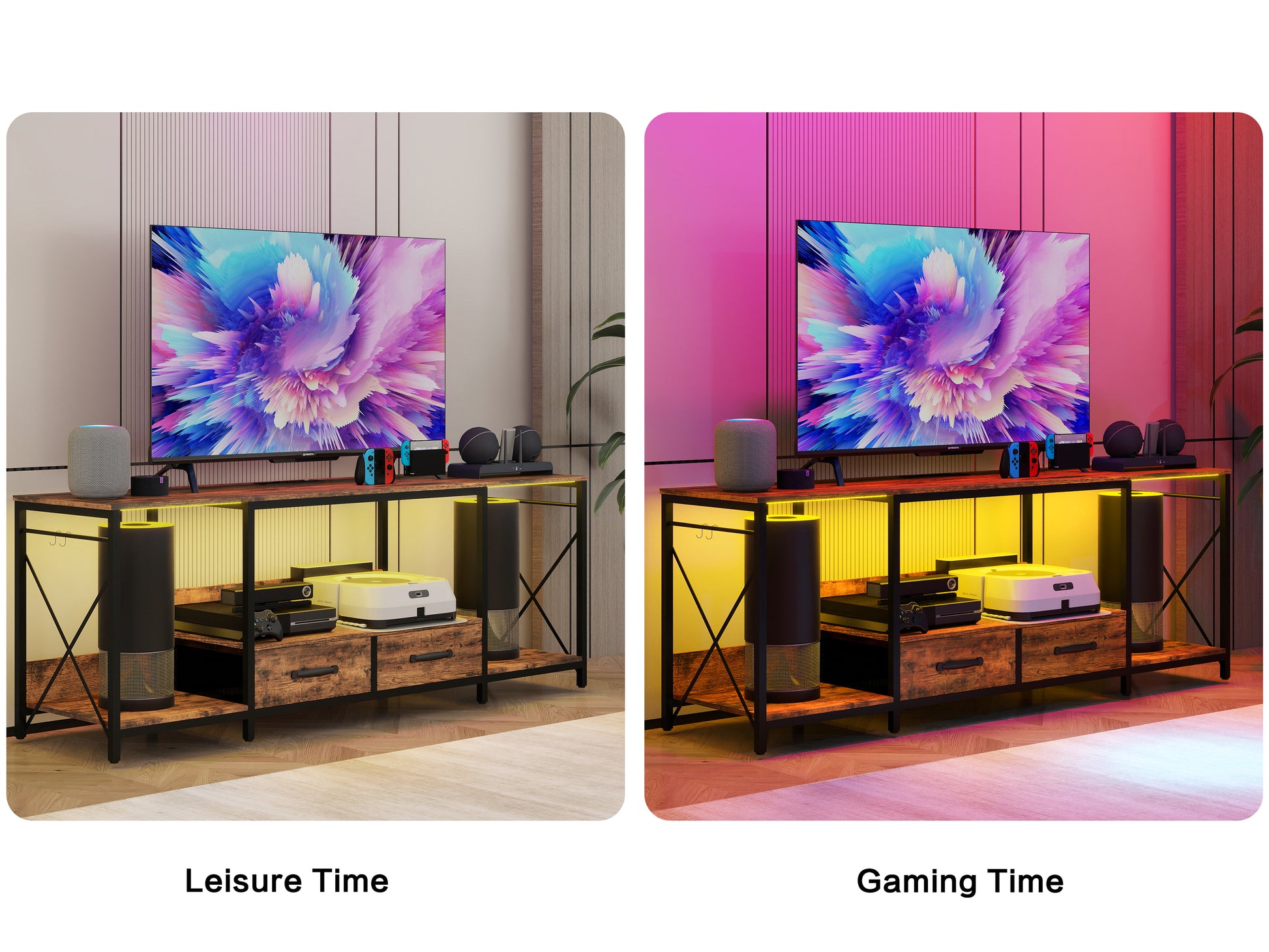 Rustic wood TV stand with black metal frame and LED lighting perfect for entertainment centers