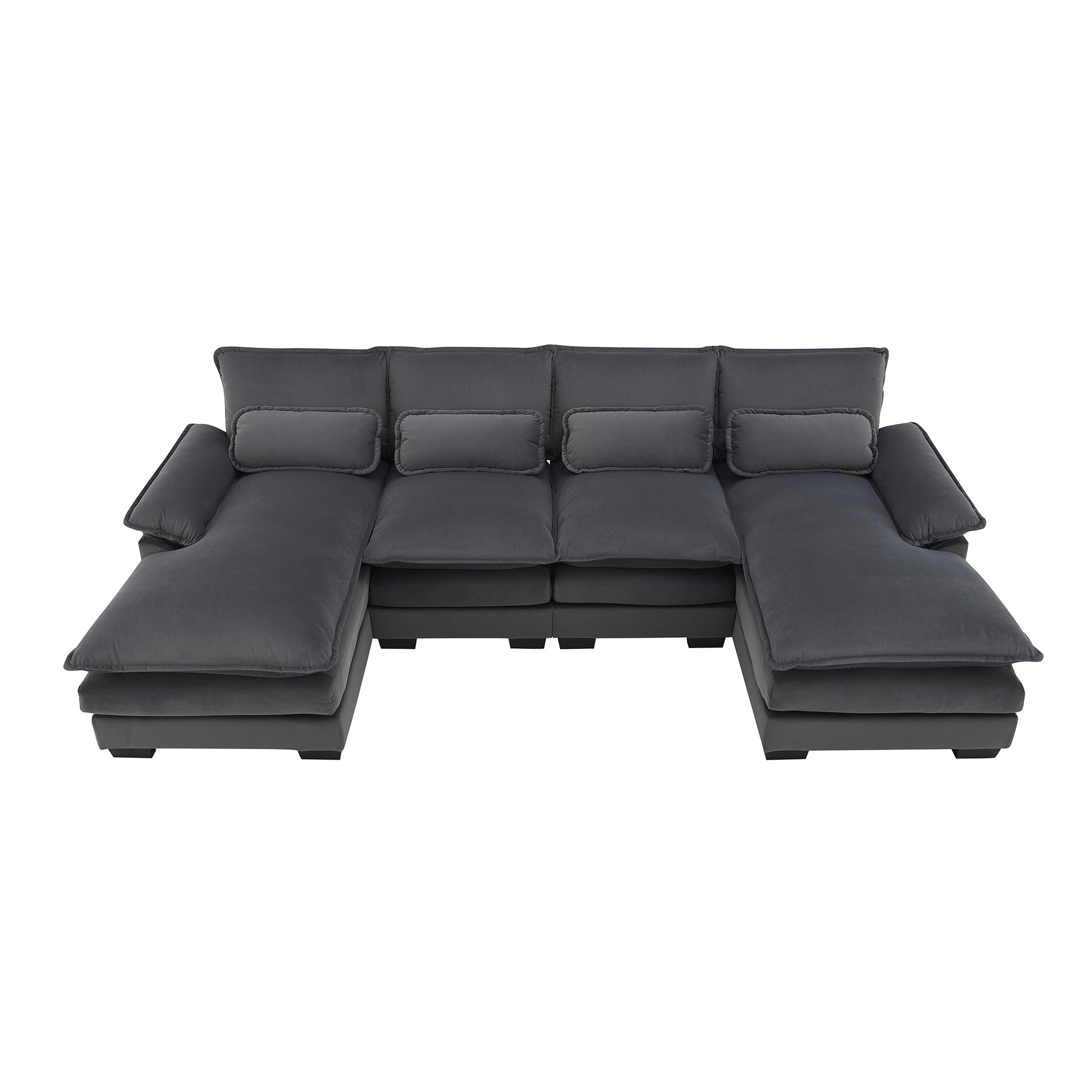 Spacious charcoal grey velvet sectional sofa with chaise lounges on both ends