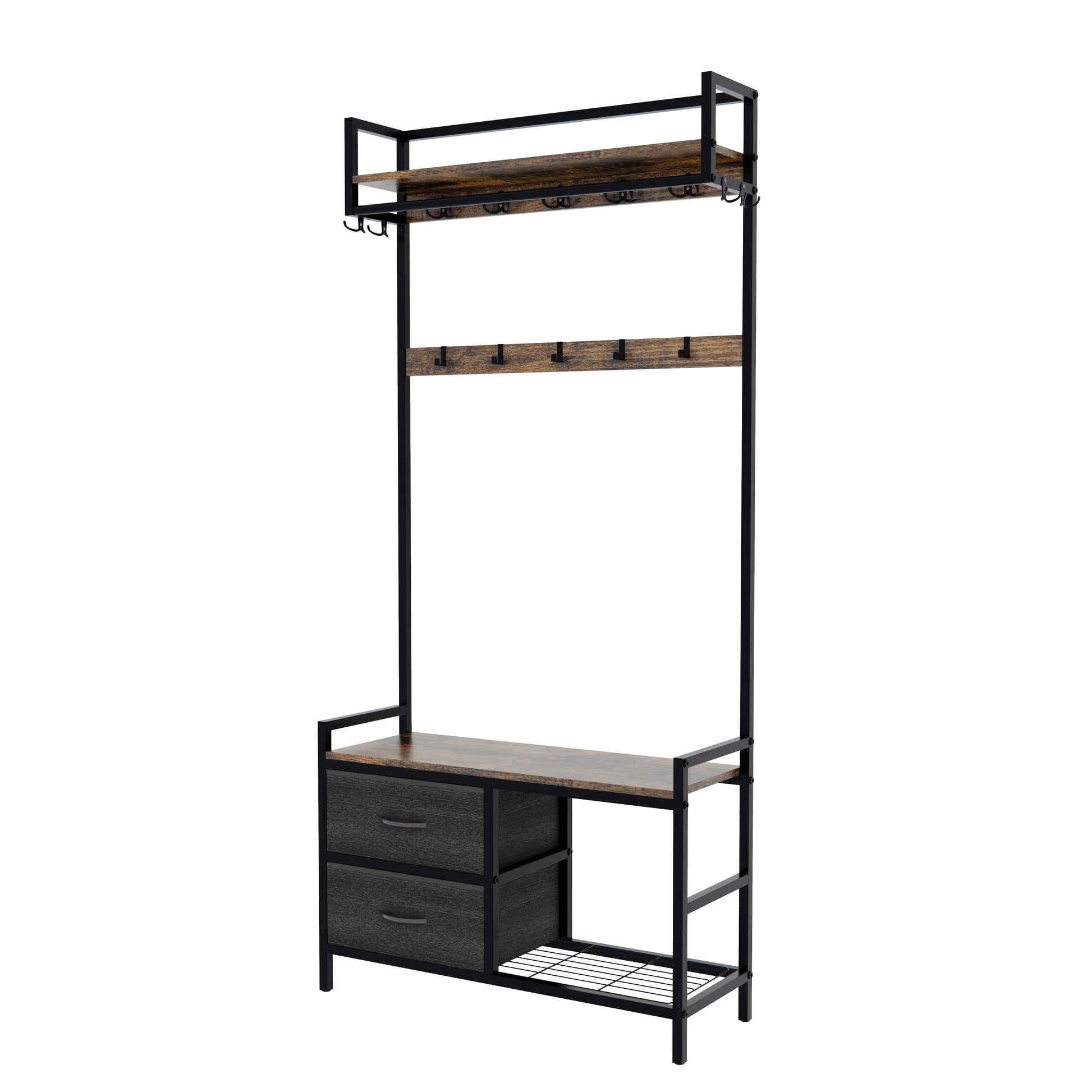 Industrial hall tree with two dark gray drawers rustic wood shelves and metal hooks for coats and hats