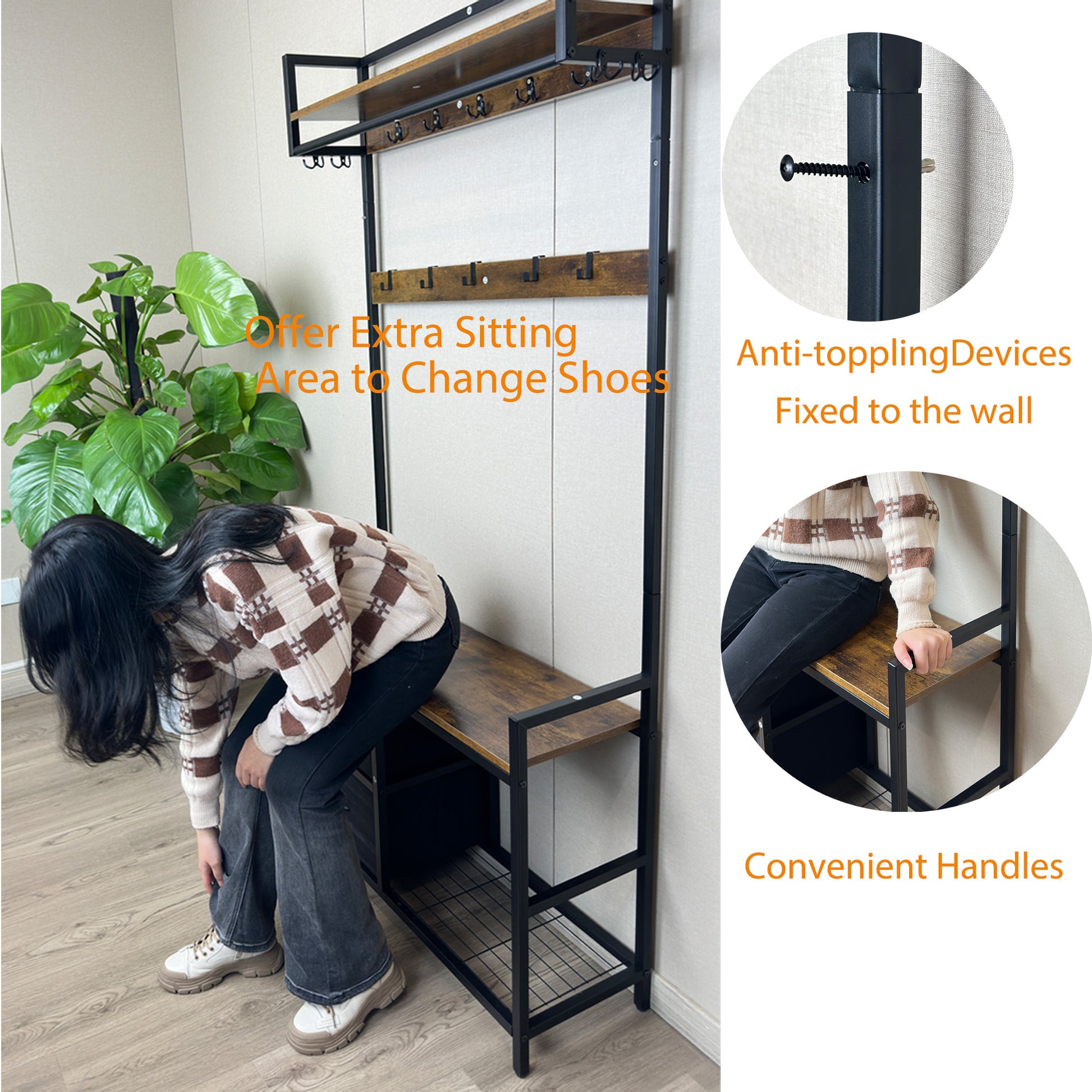 Rustic wood and black metal entryway coat rack with bench for shoe storage