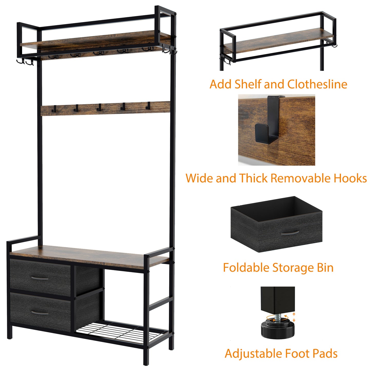 Industrial hall tree with two drawers shoe rack and multiple hooks