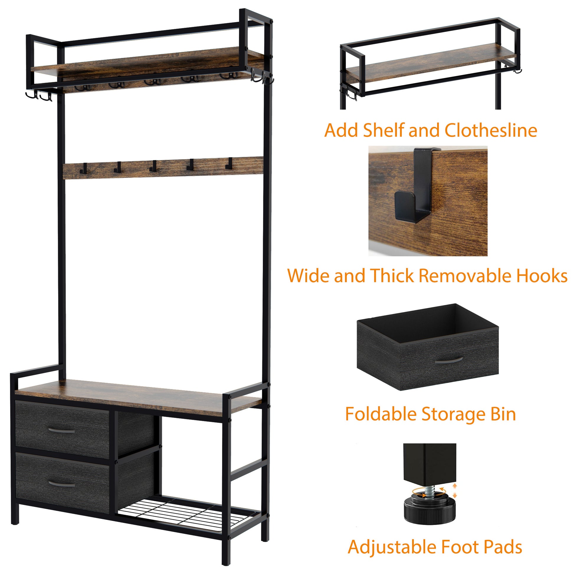 Industrial hall tree with two drawers shoe rack and multiple hooks