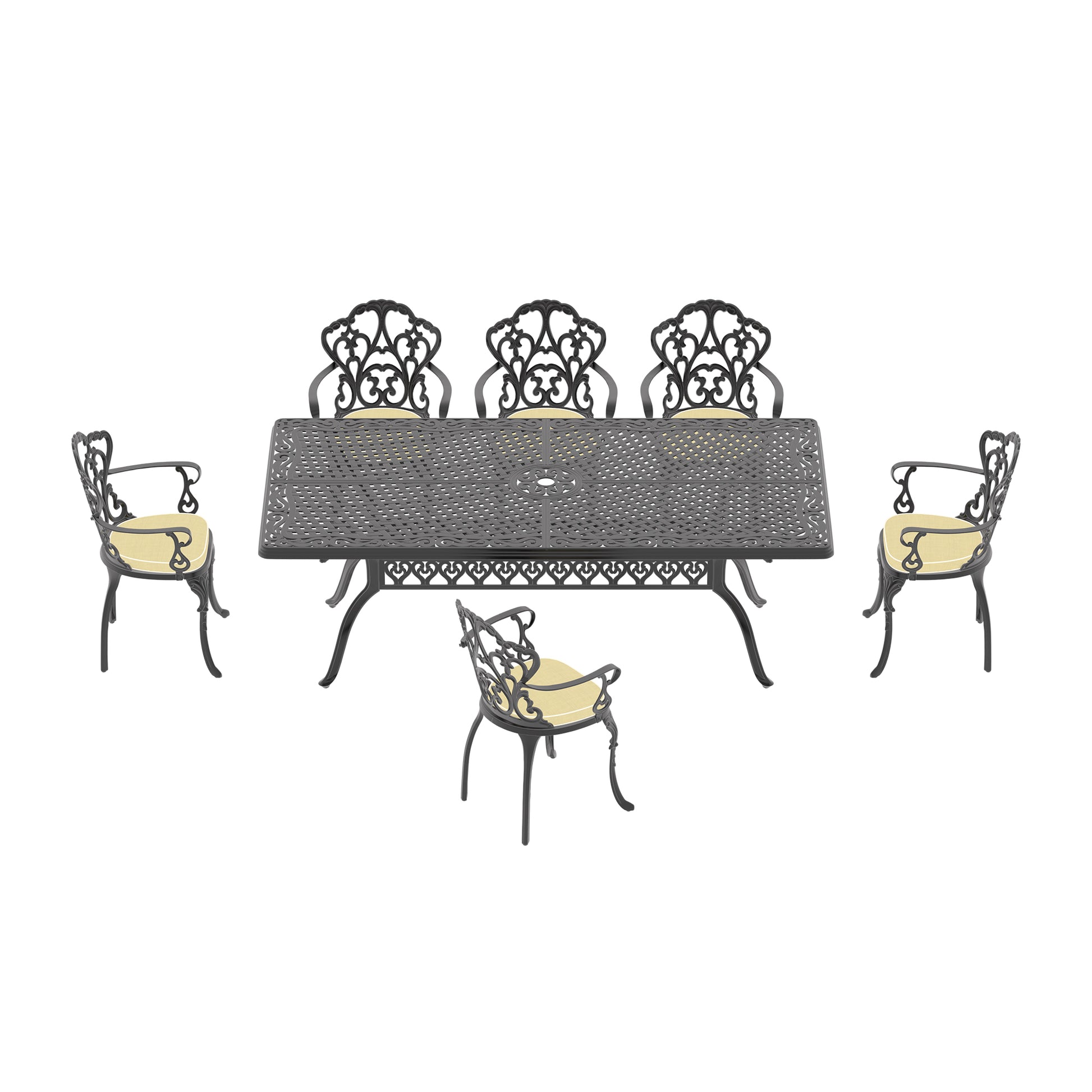 Ornate black cast aluminum patio dining set with yellow cushions and a central umbrella hole