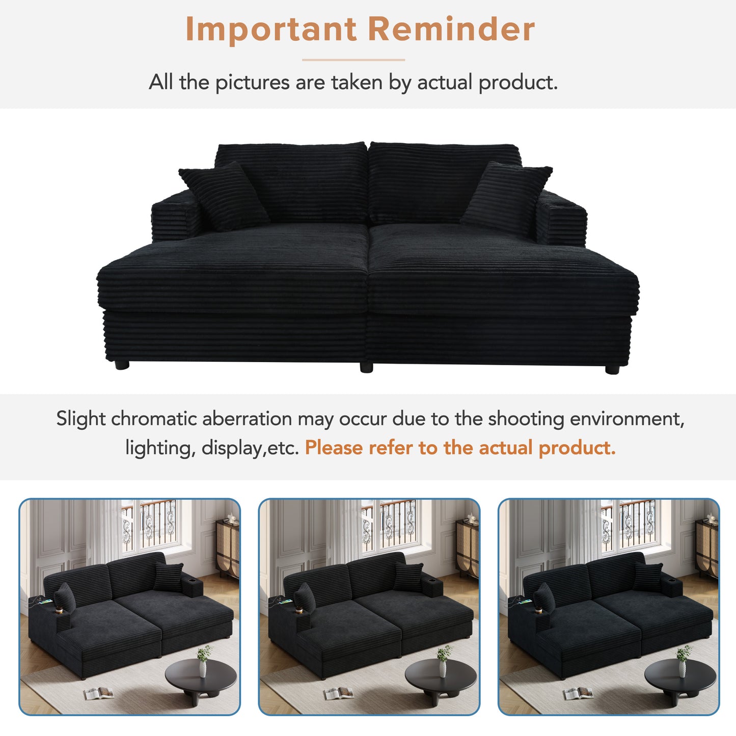 Black corduroy sectional sofa with builtin USB ports and cup holders