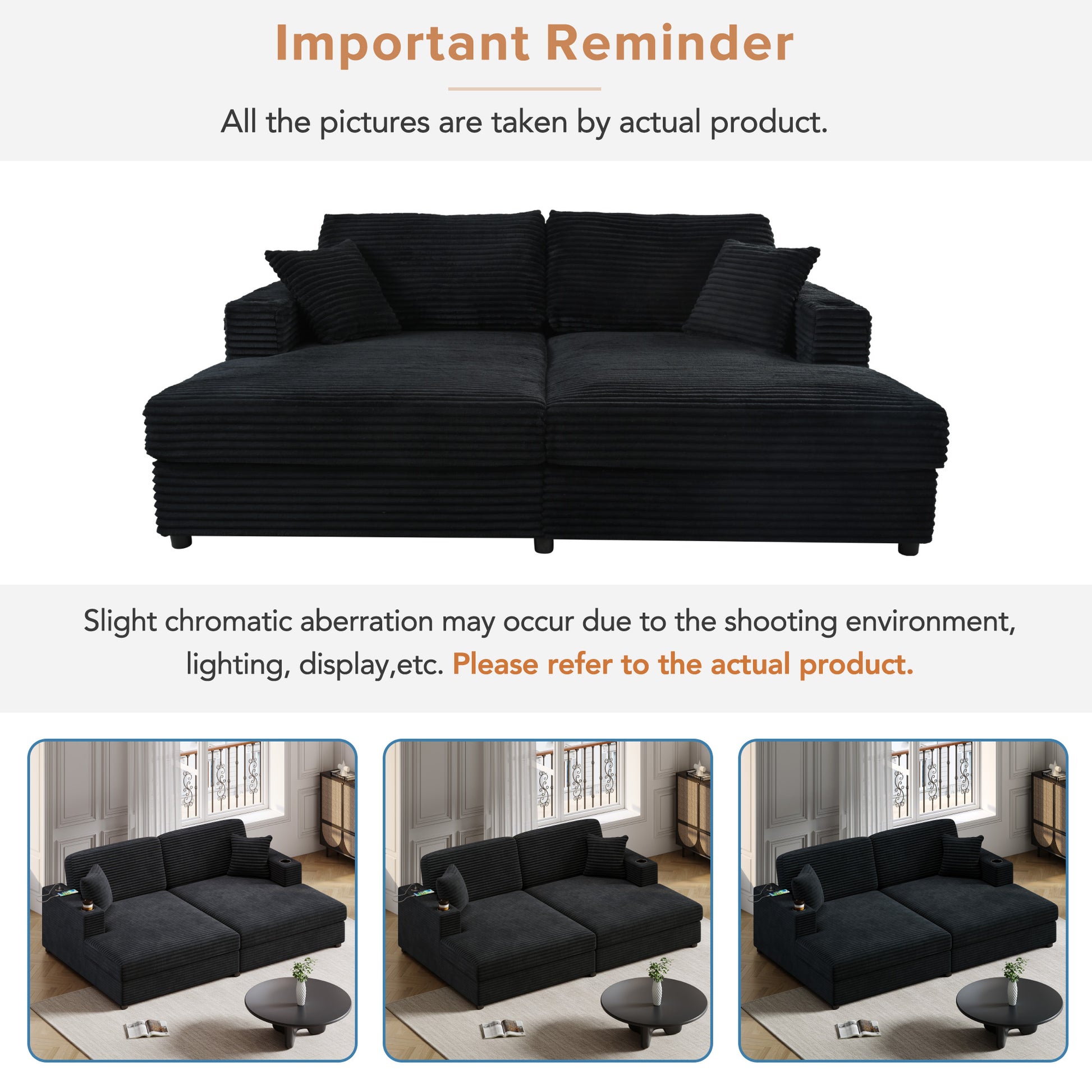 Black corduroy sectional sofa with builtin USB ports and cup holders