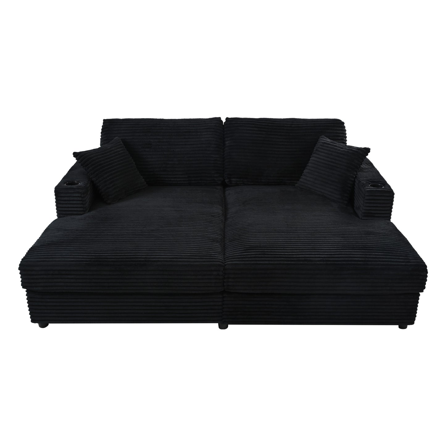 Black corduroy sectional sofa with plush pillows and builtin cup holders for relaxation