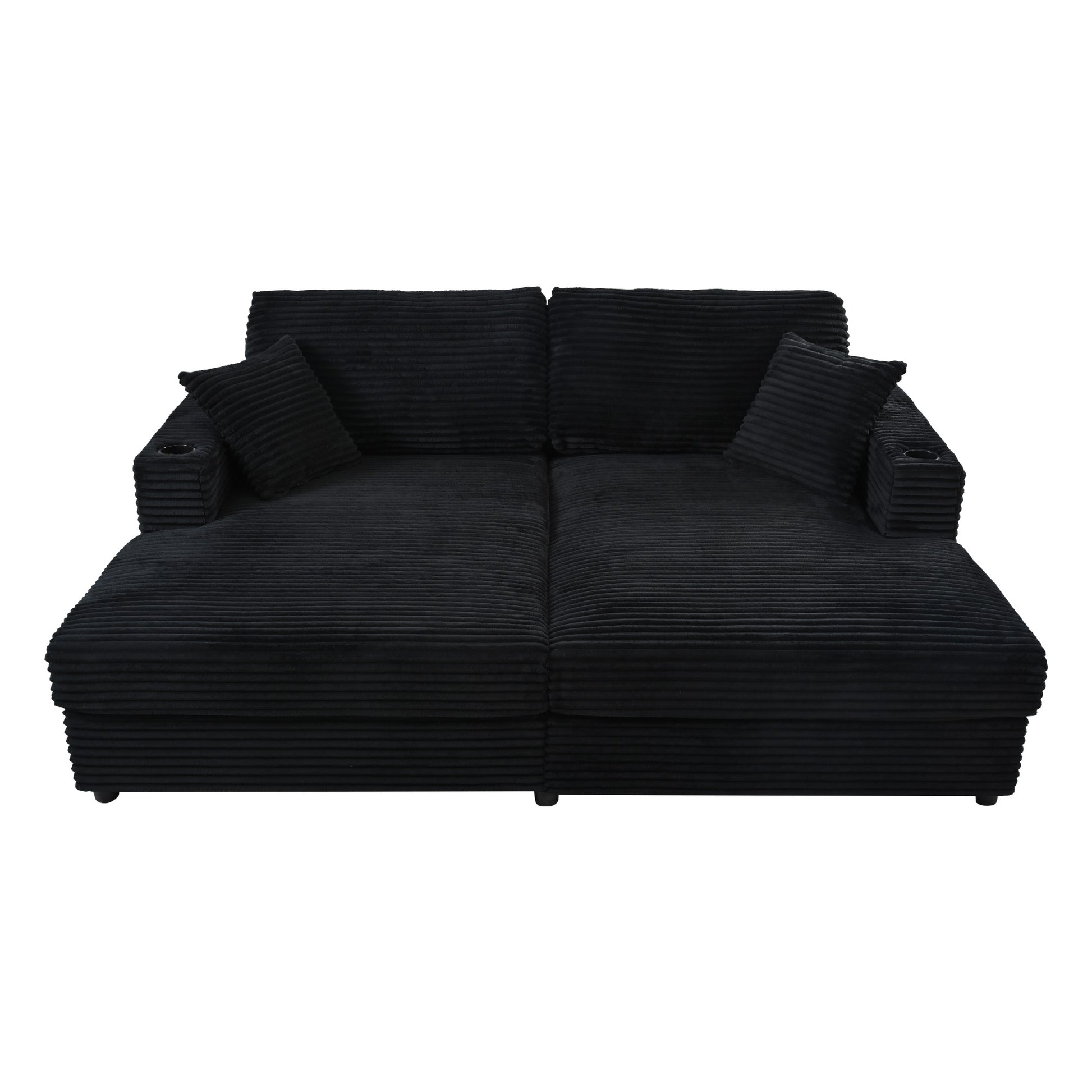 Black corduroy sectional sofa with plush pillows and builtin cup holders for relaxation
