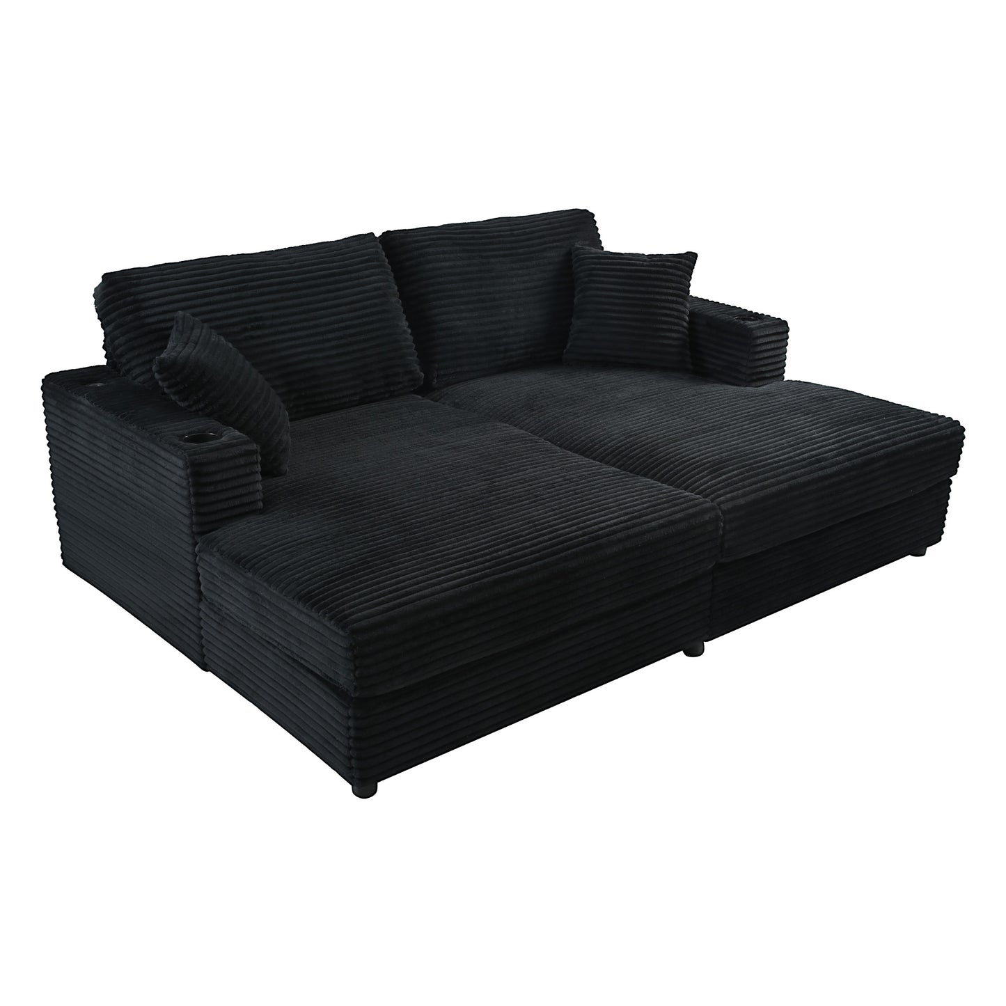 Black corduroy sectional sofa with two chaise lounges and cup holders