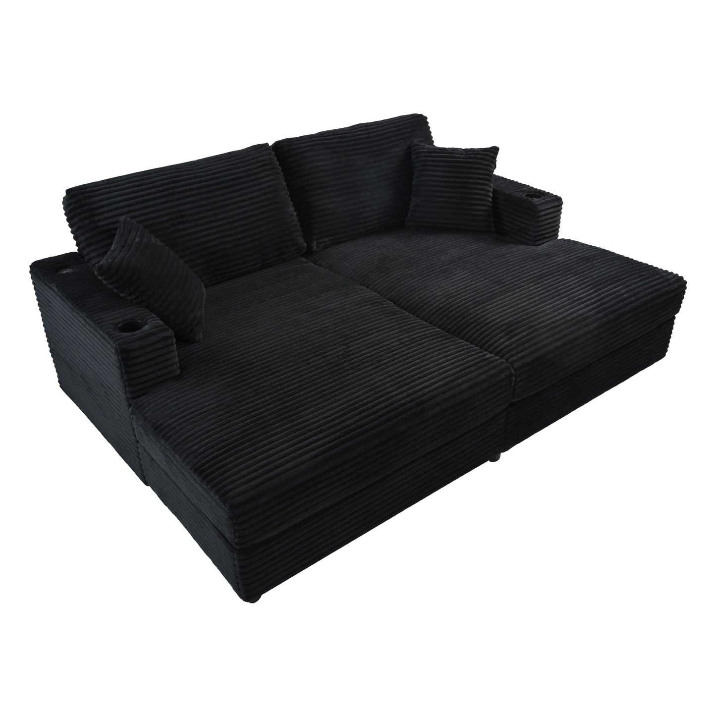 Black corduroy modular sofa with builtin cup holders for modern living rooms
