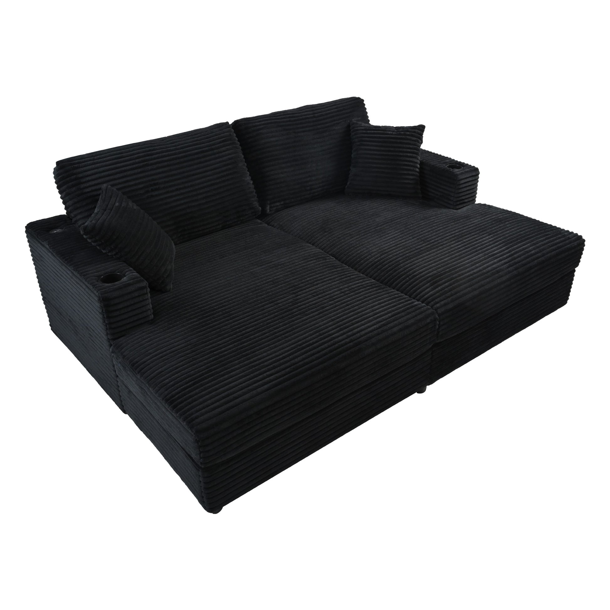 Black corduroy modular sofa with builtin cup holders for modern living rooms