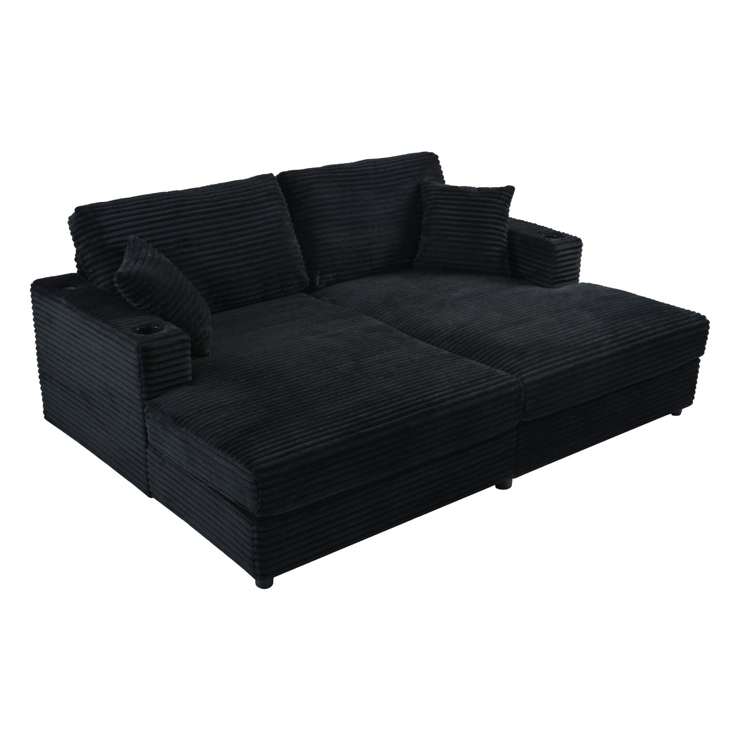 Black corduroy modular sofa with two cup holders and chaise lounge