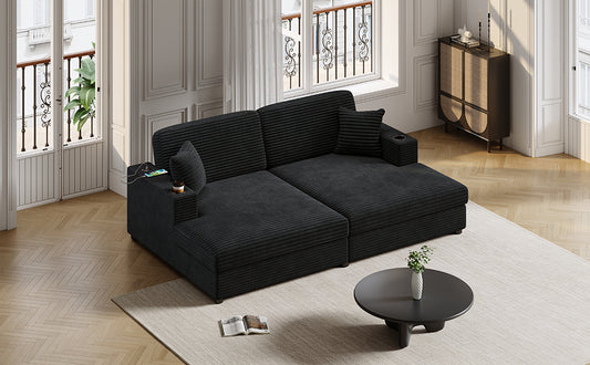 Black corduroy sectional sofa with builtin USB charging and cup holders for modern living