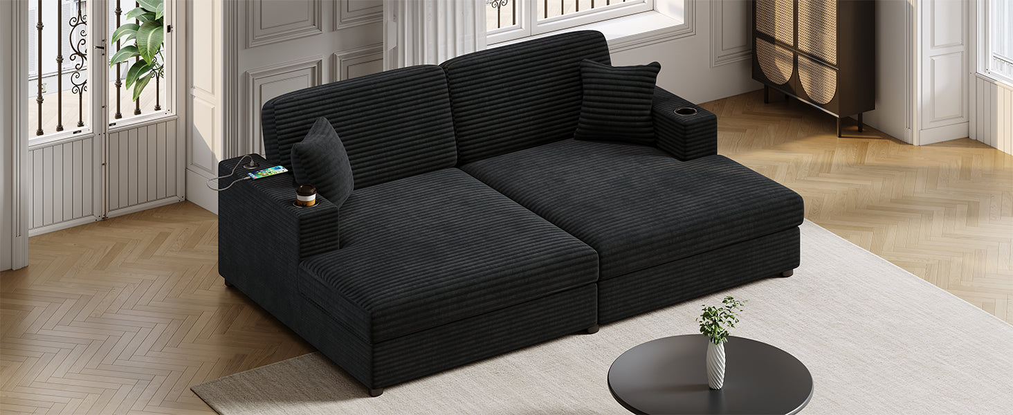 Black corduroy sectional sofa with builtin USB charger and cup holders