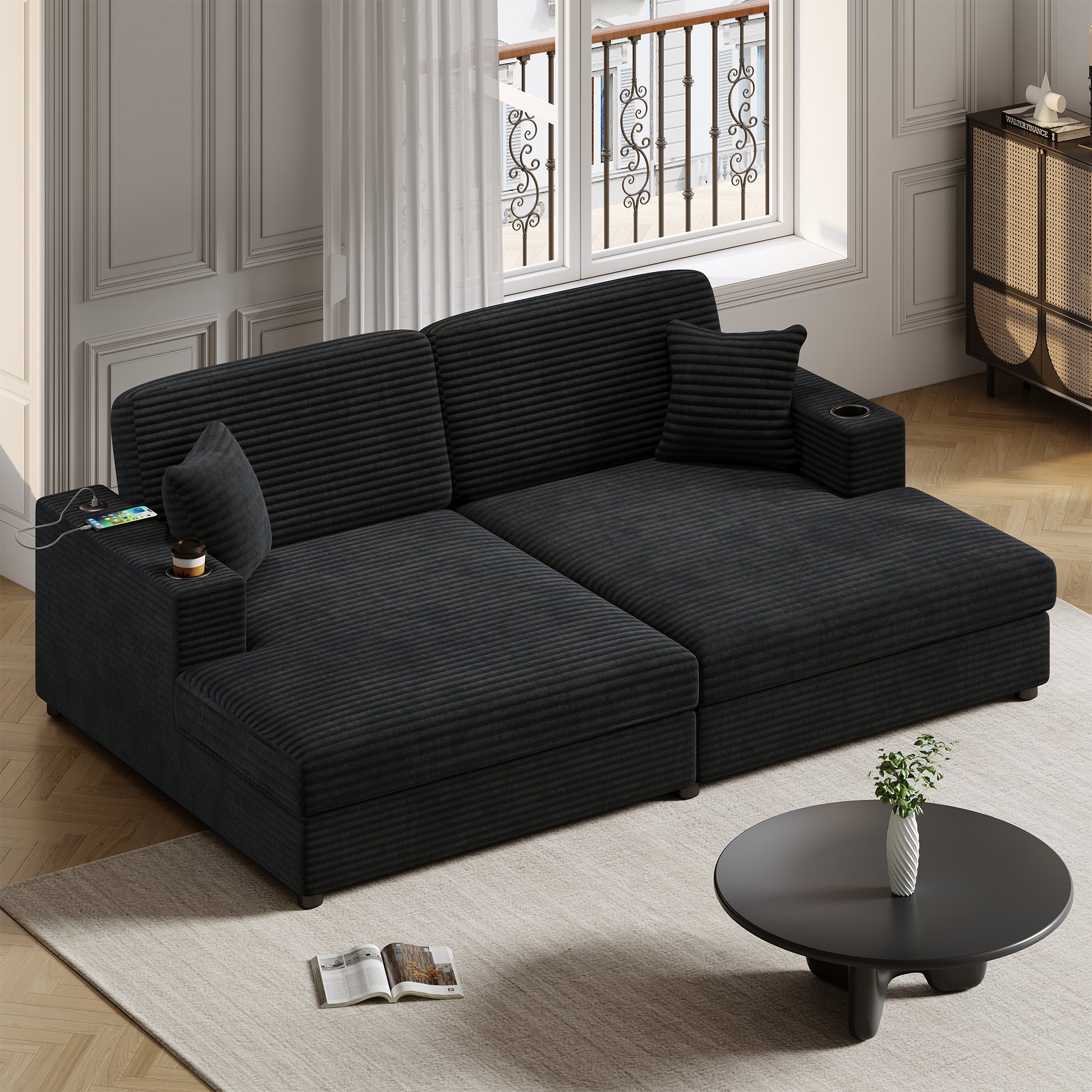 Black corduroy sectional sofa with builtin USB charger and cup holder