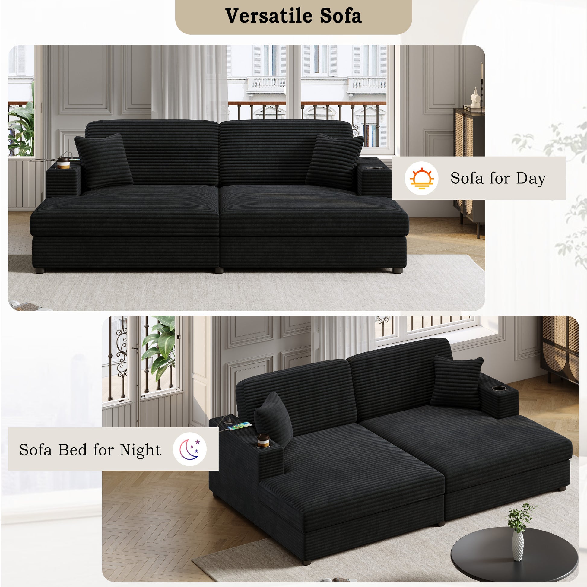 Black corduroy sectional sofa with builtin cup holders and armrest storage