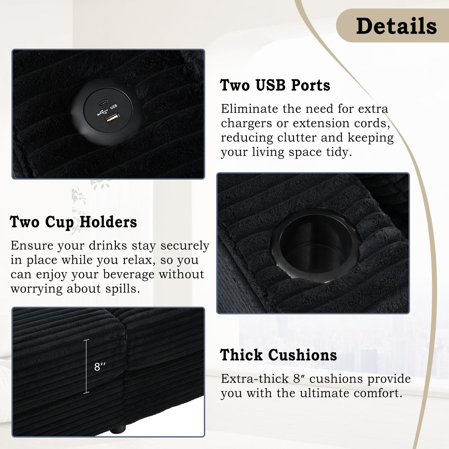 Black recliner USB port with one USBA and one USBC slot