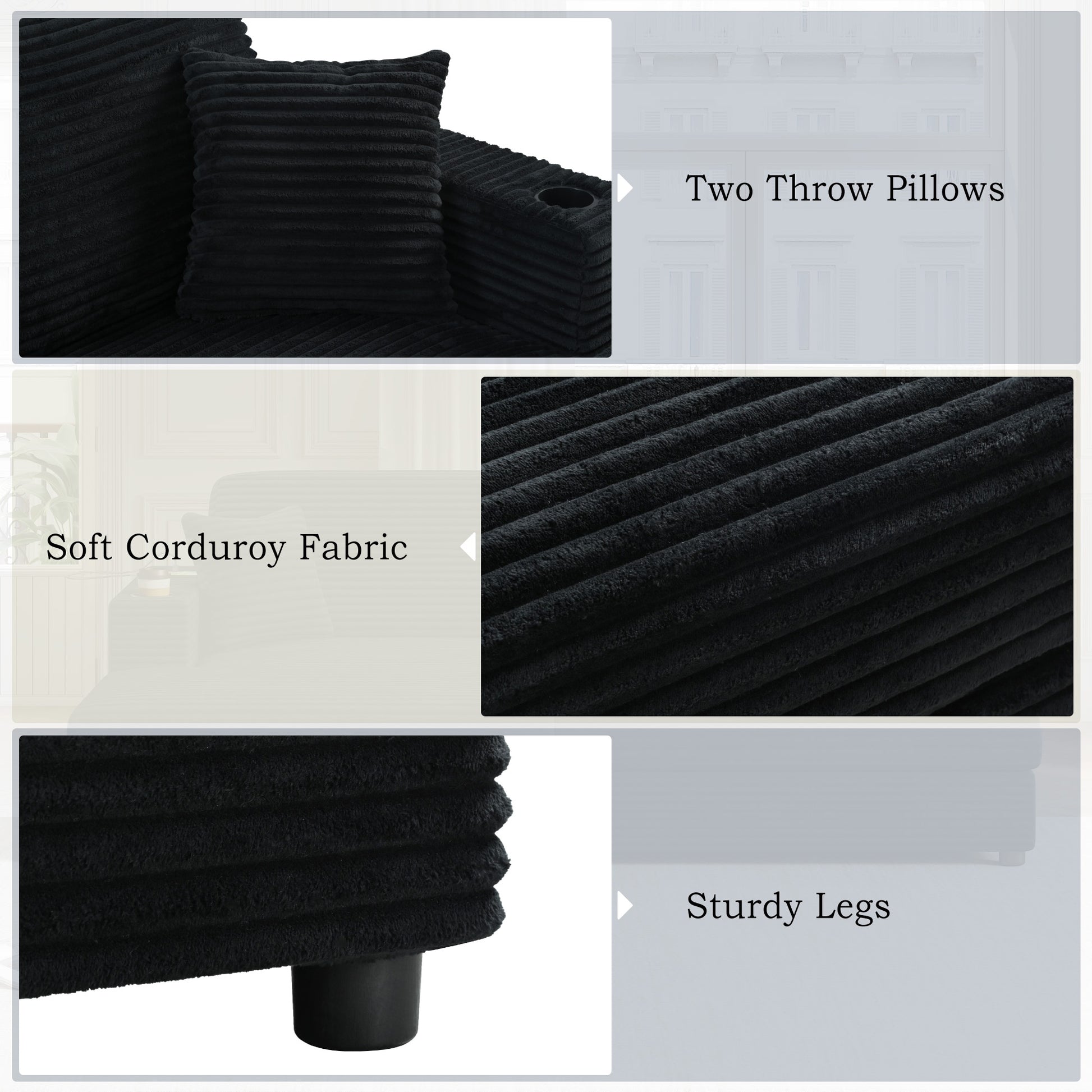 Black corduroy sofa with two matching throw pillows and a builtin cup holder