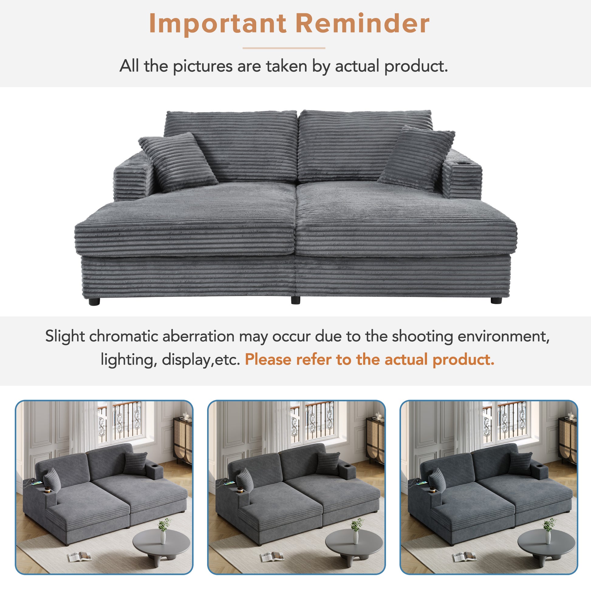 Grey corduroy sectional sofa with multiple cushions and chaise