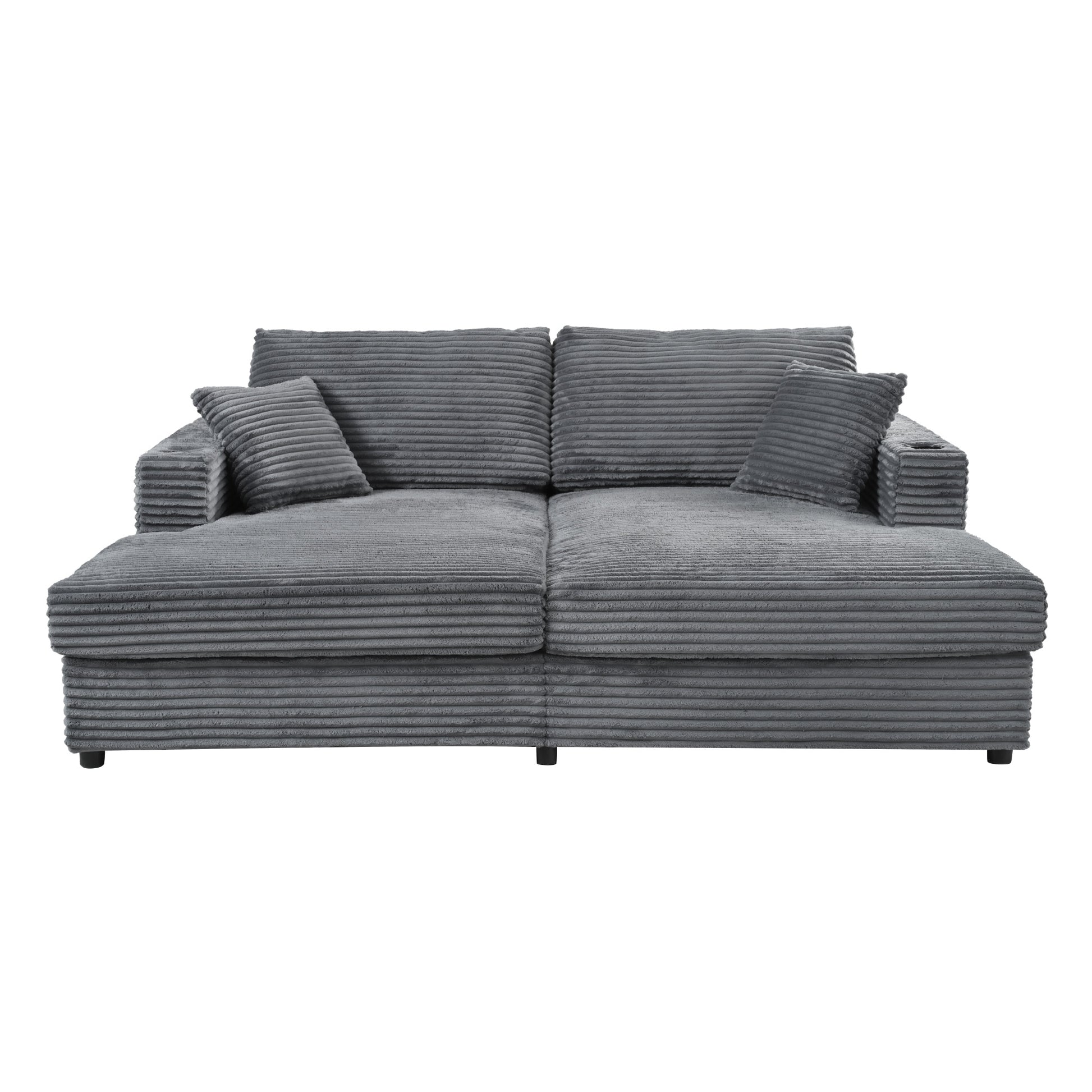 Grey corduroy chaise sofa with plush cushions perfect for living room comfort