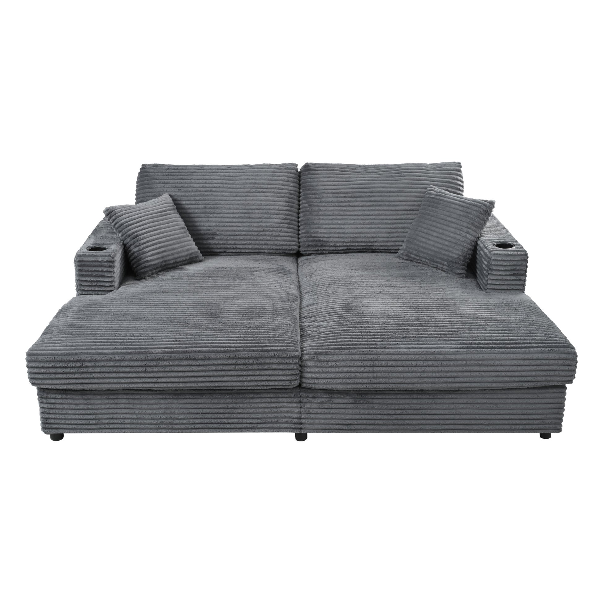 Plush grey corduroy sofa with chaise and two cup holders perfect for modern living rooms