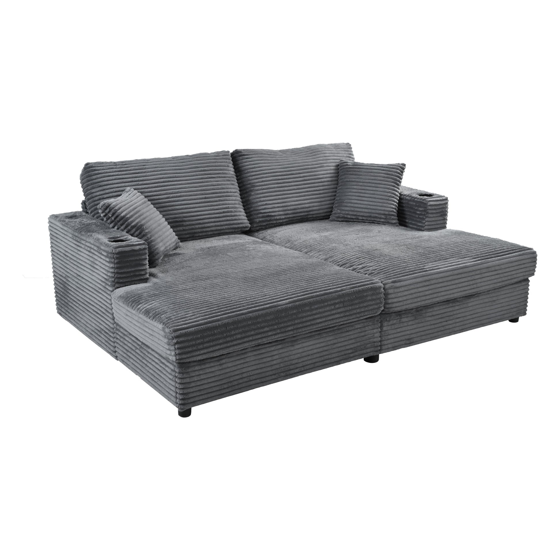 Plush corduroy sectional sofa in charcoal gray with integrated cup holders