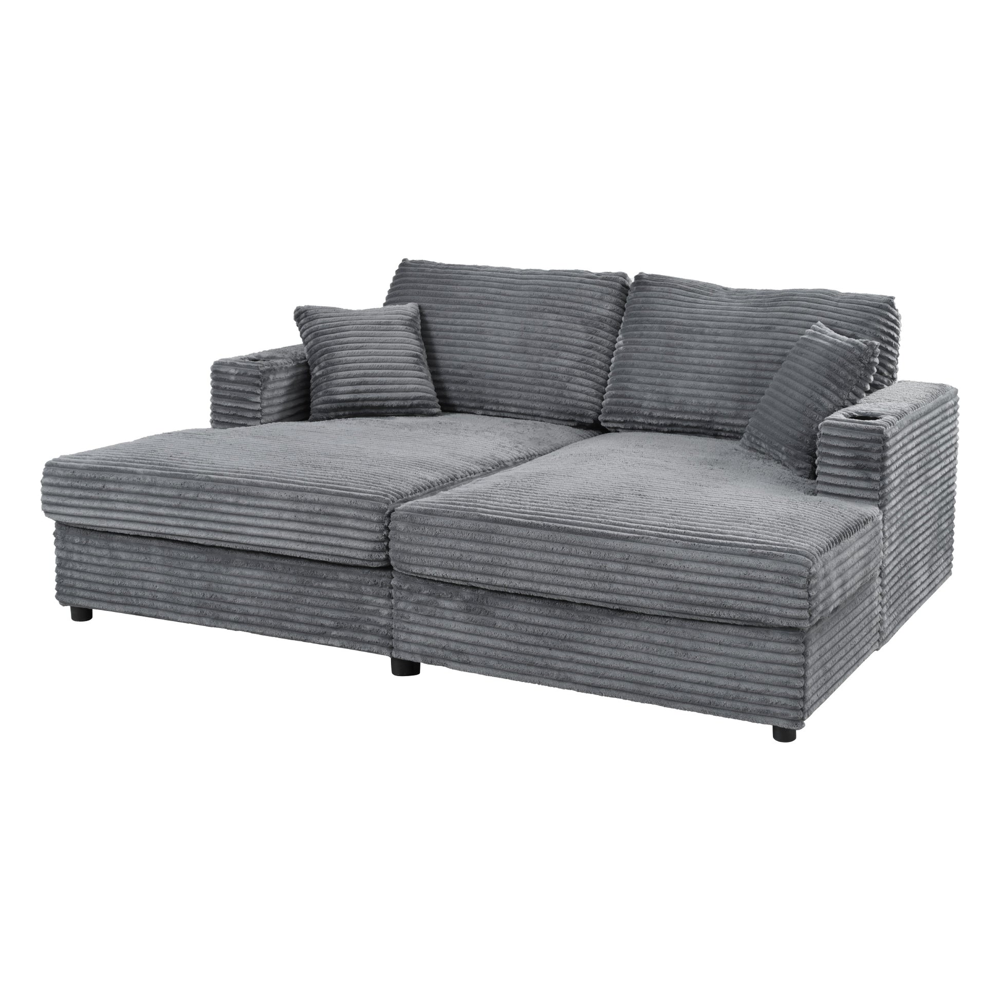 Plush grey corduroy sectional sofa with two throw pillows for modern living rooms