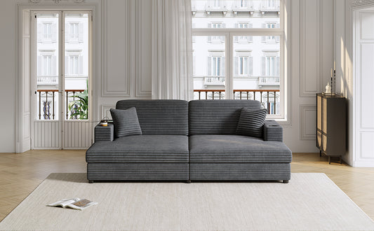 Gray corduroy sectional sofa with two pillows and cup holders