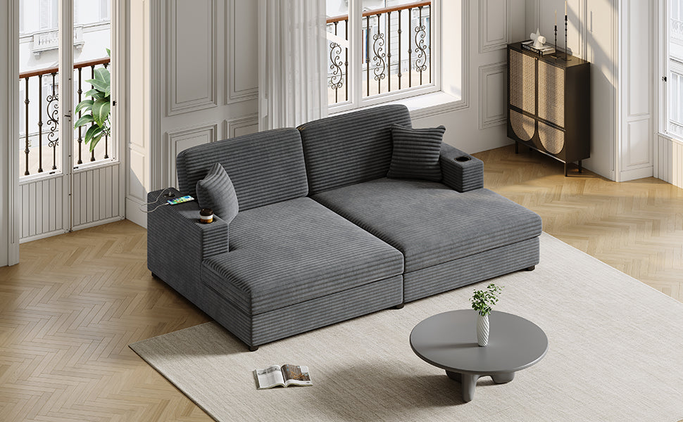 Gray sectional sofa with builtin charging station and cup holder