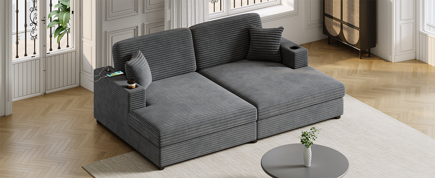 Gray corduroy sectional sofa with integrated charging station and cup holder