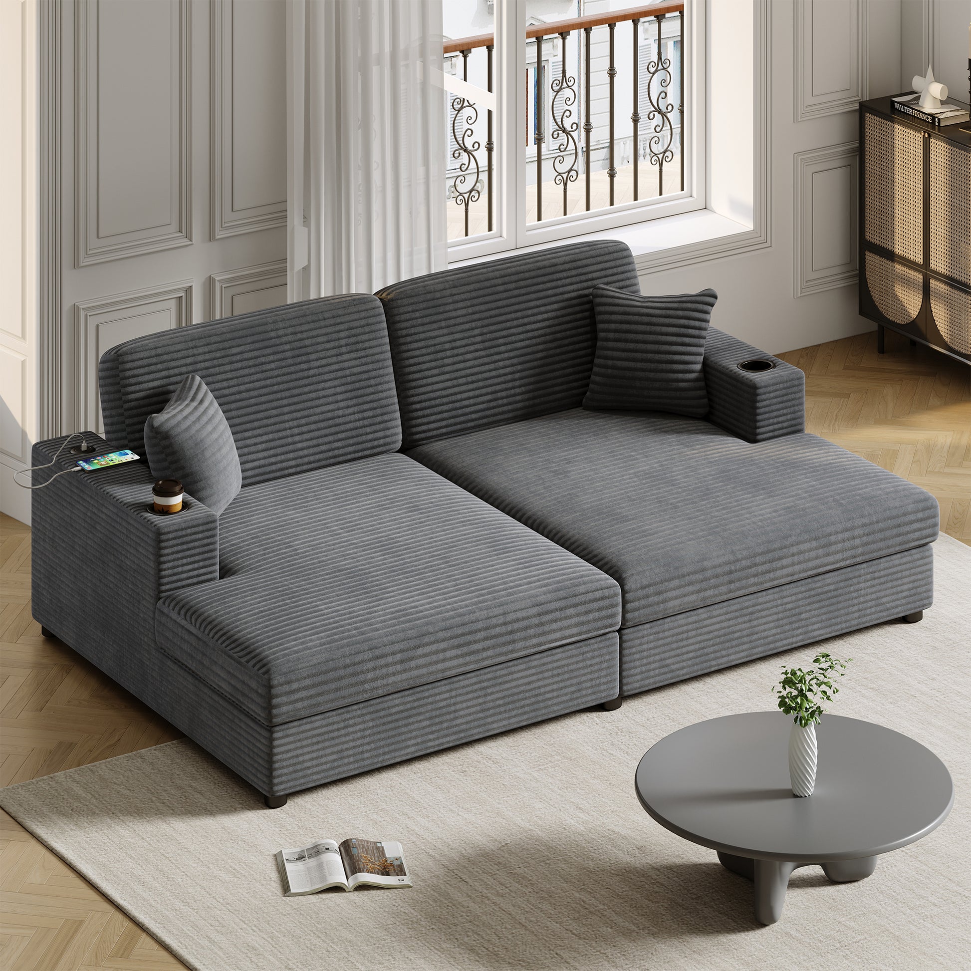 Dark grey corduroy sectional sofa with builtin USB charging ports and cup holders