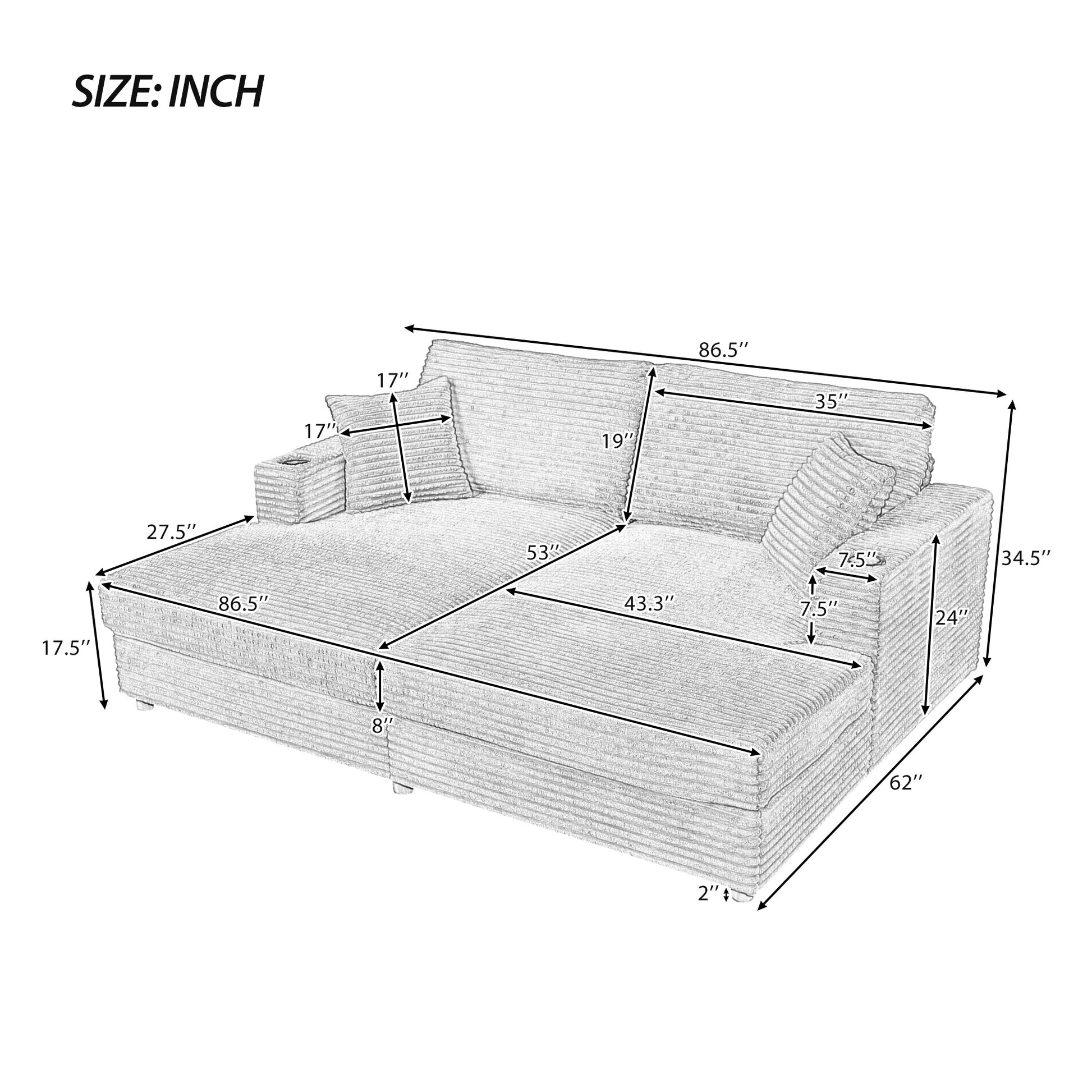 Line drawing of a sectional sofa with dimensions labeled  L x  W x  H