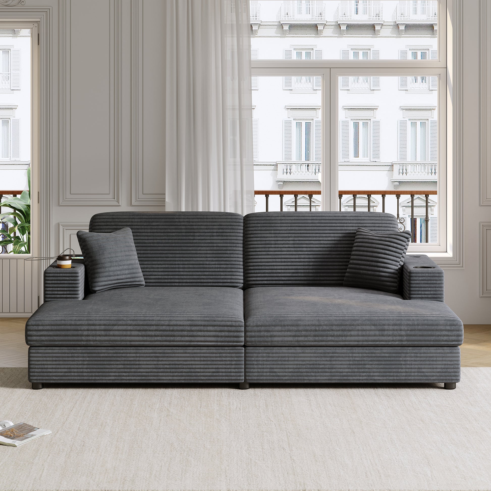 Dark grey corduroy sectional sofa with builtin cup holders perfect for living rooms